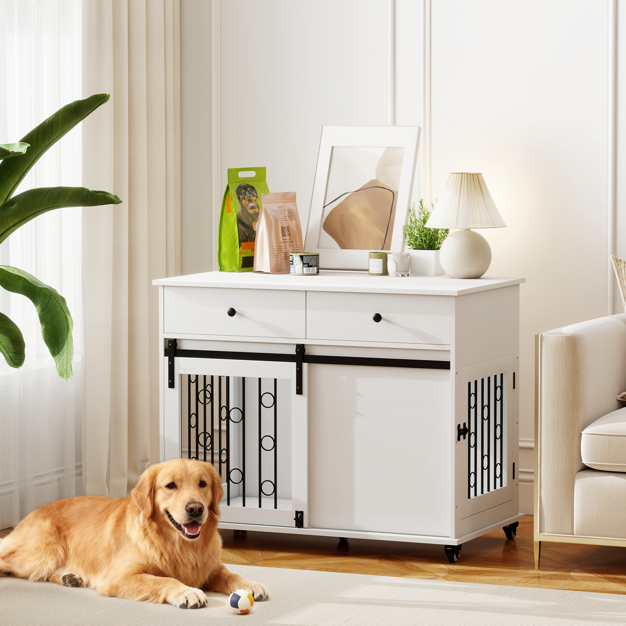 TEMU Panier pour Chien Meuble, 39" Niche pour Chien Intérieur avec 2 Tiroirs de Rangement, Roues, 2 Portes, Table d'Extérieur Décorative, Cage Maison