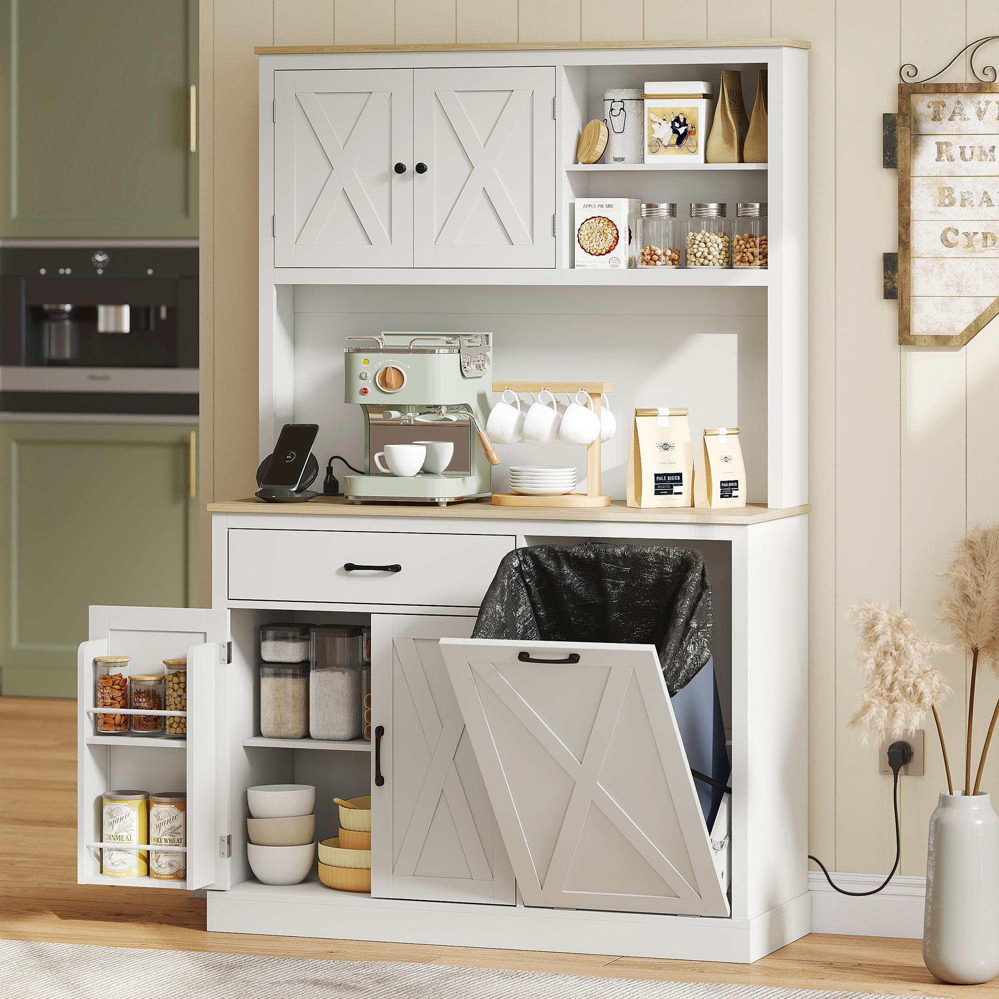 TEMU Buffet avec station de recharge, de rangement de cuisine avec support pour micro-ondes, pour poubelle de 10 gallons, étagères réglables, portes