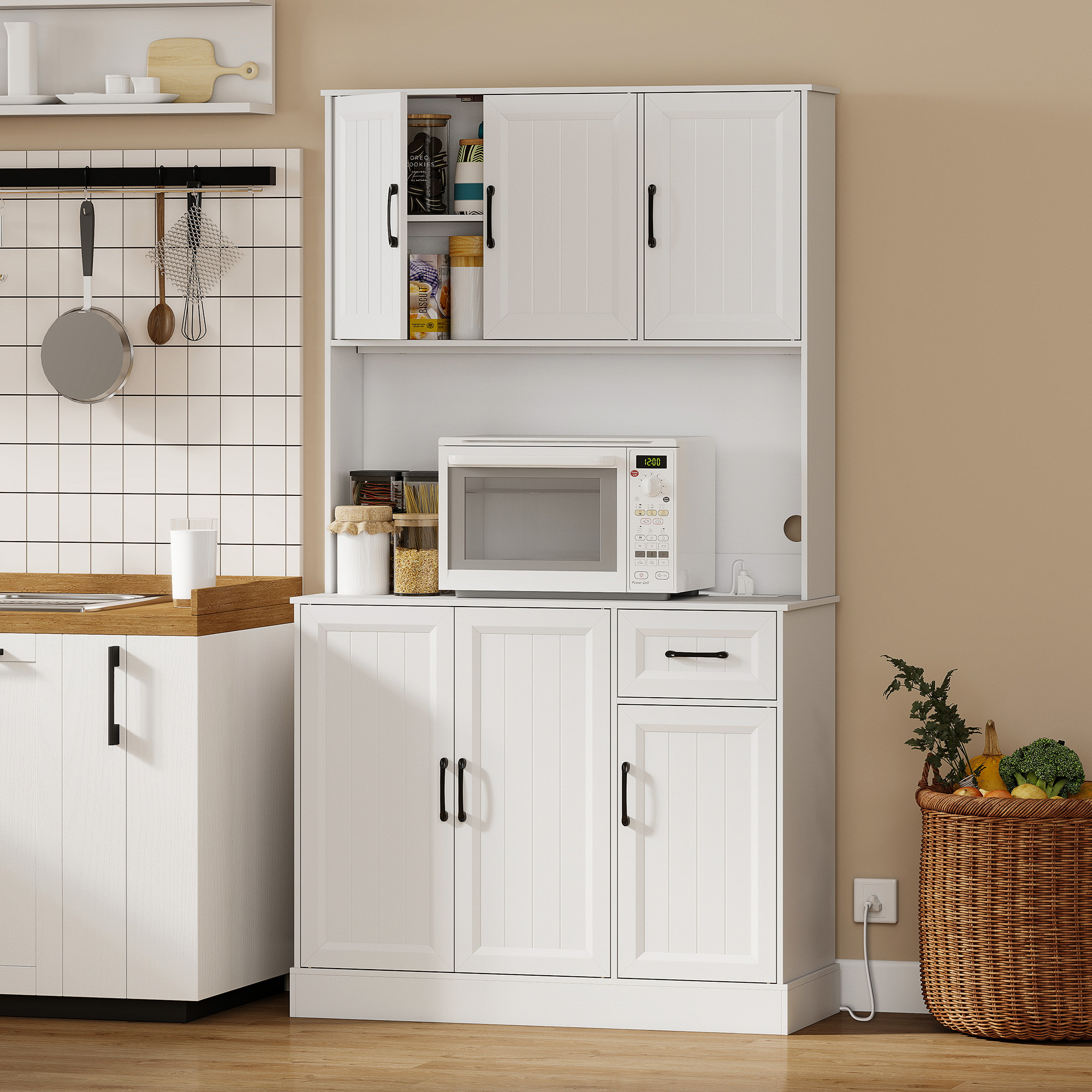 TEMU HOMCOM de Cuisine 71" avec Station de Chargement, Meuble de Rangement avec Support Micro-ondes, Étagères Réglables, Moderne pour Salle à Manger,