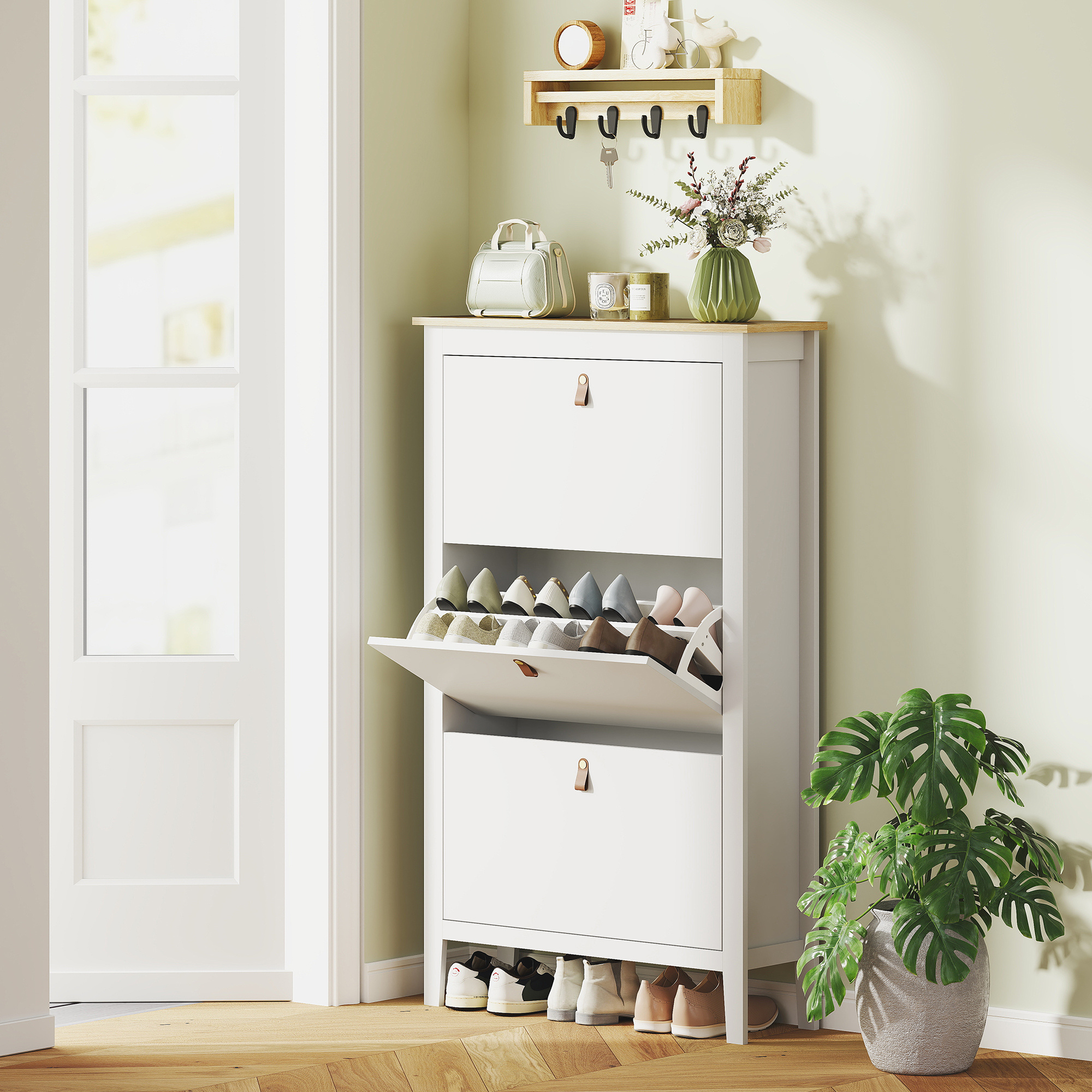 TEMU à Chaussures pour Entrée, de Rangement Étroite avec 3 Tiroirs Rabattables, Étagères Réglables et Poignées en PU pour Couloir, Salon, Capacité de