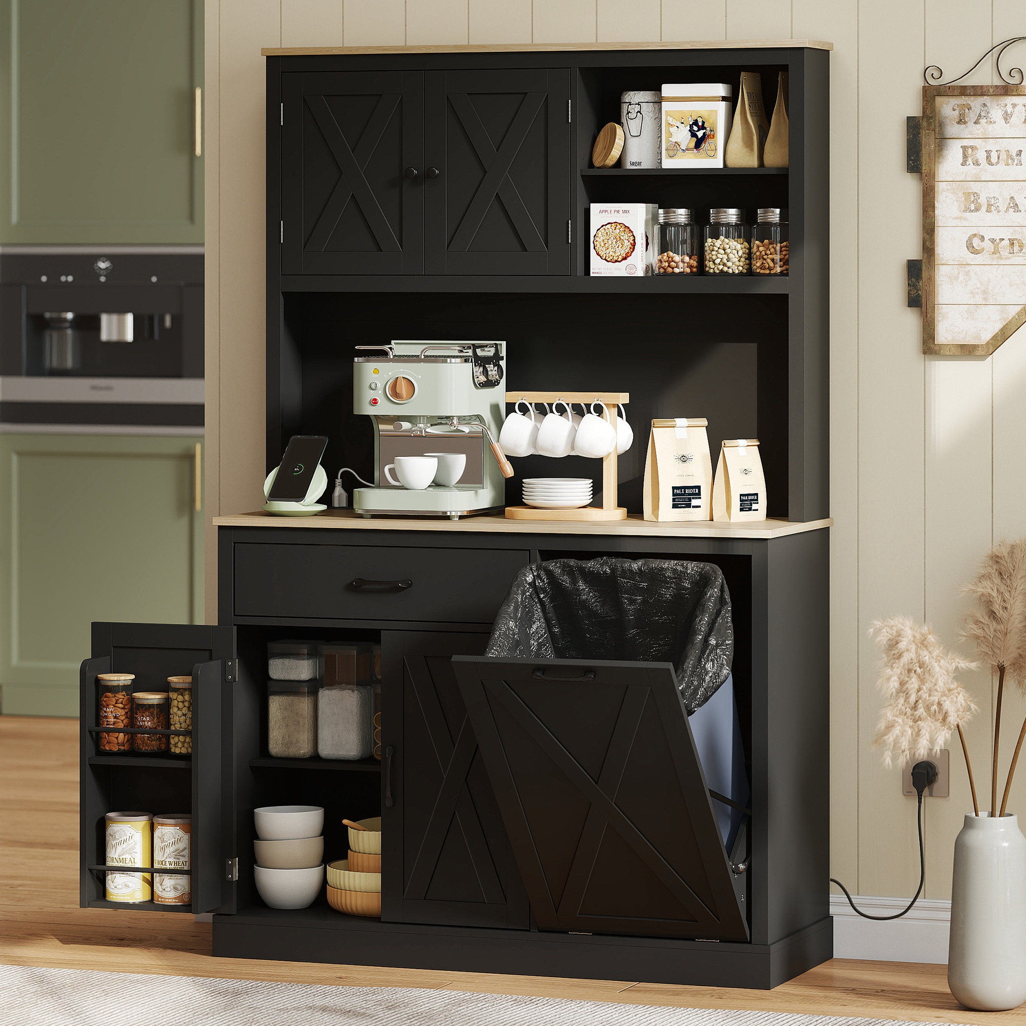 TEMU Placard de Garde-Manger avec Station de Charge, de Rangement de Cuisine avec Support de Micro-ondes, Poubelle de 10 Gallons, Étagères Réglables,