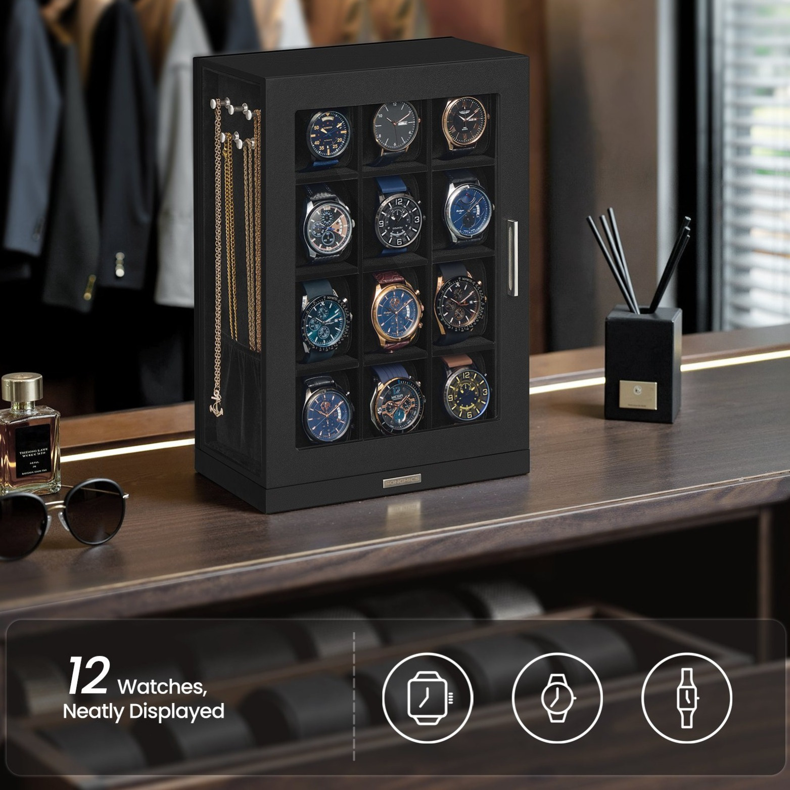 TEMU Boîte à Montres 12 Compartiments avec Fenêtres en Verre, Vitrine Rotative à 360°, Doublure en Velours, Noir Encre