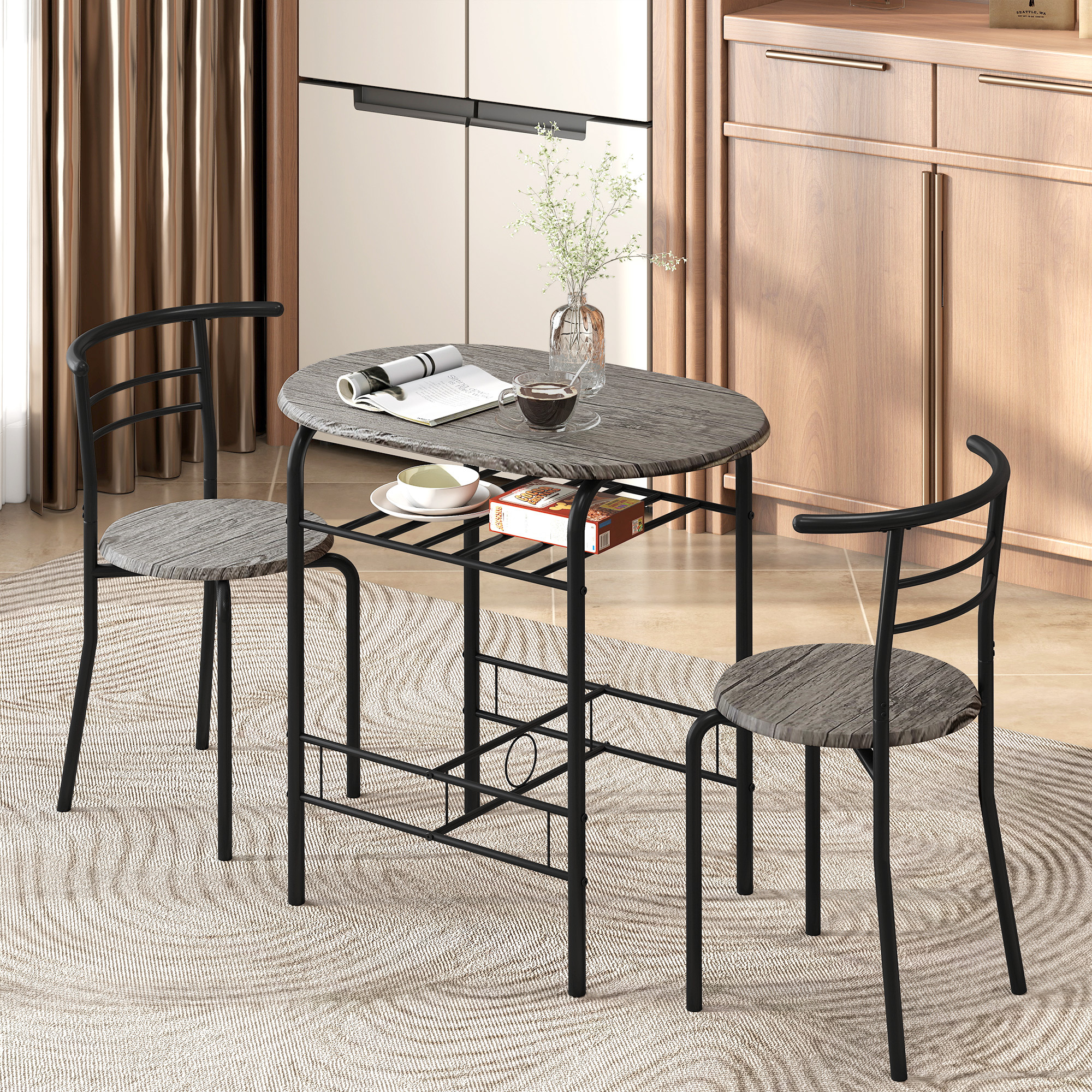 TEMU Ensemble de table à manger 3 pièces, table de cuisine et chaises " pour 2 avec étagère de rangement, pour , salle à manger, salon, appartement,