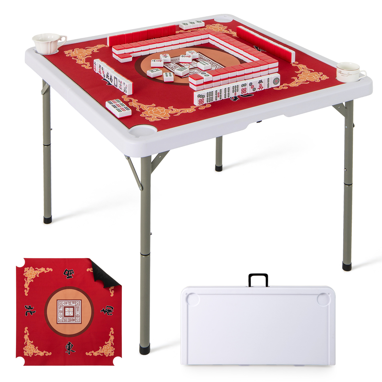 TEMU GIANTEX Table de Mahjong Pliable 35" avec Tapis de Jeu Enroulable, Table à Carrée pour 4 Joueurs avec Porte-Gobelets, Plateau en HDPE, Pieds en