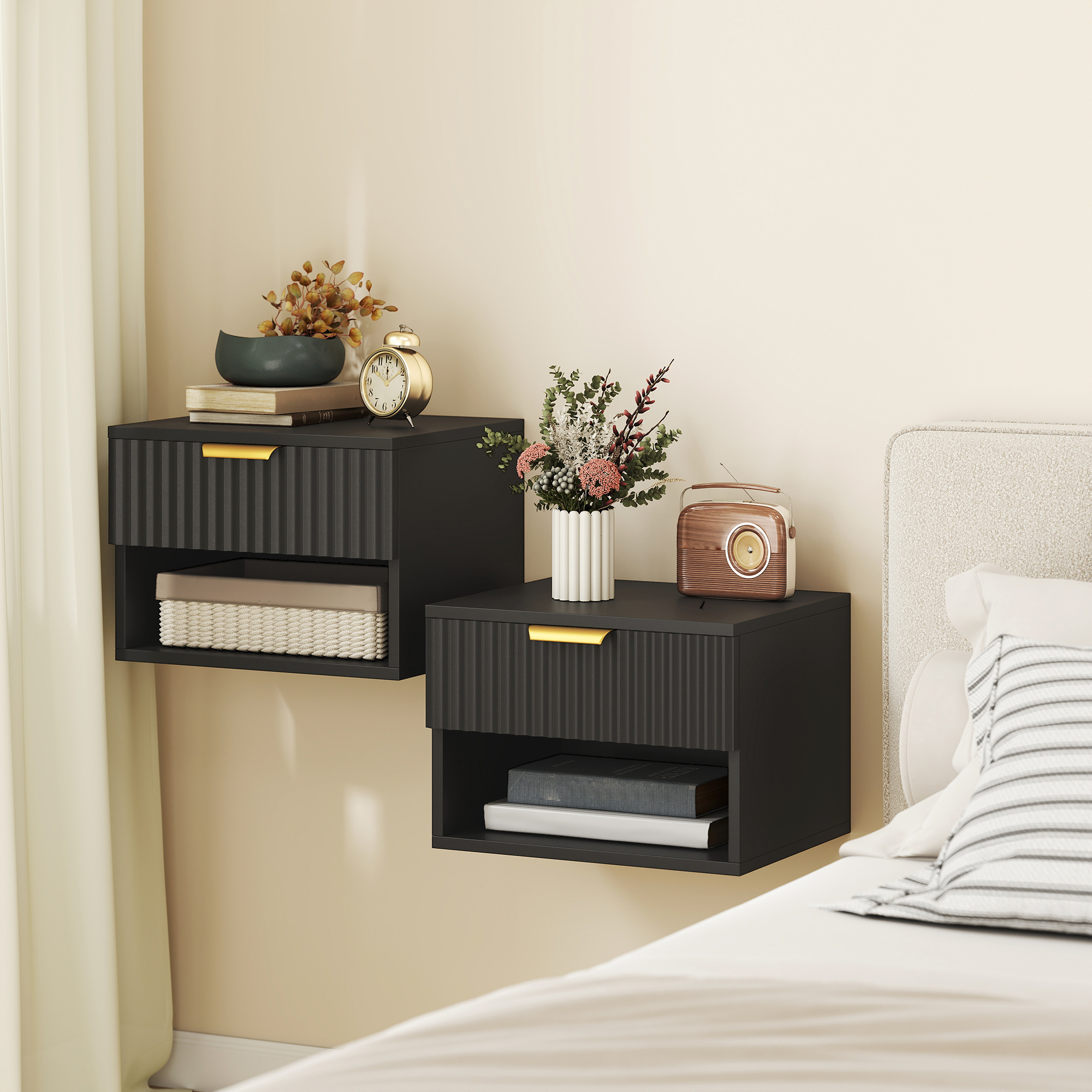 TEMU HOMCOM Ensemble de 2 Tables d'Appoint Flottantes, Meubles Modernes à Montage Mural avec Tiroir Fleuré et Étagère Ouverte pour Chambre, Noir