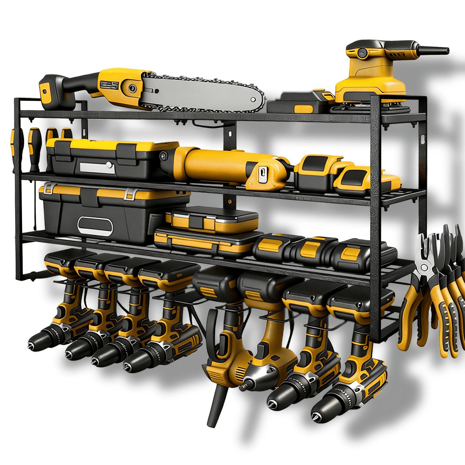 TEMU Organisateur Mural pour Outils Électriques - Support de Rangement à 3 Niveaux avec Charge de 300Lbs et 7 Supports pour Perceuses et Outils Fil.