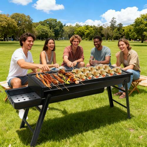 heavy duty portable stainless steel charcoal grill with foldable legs compact bbq stove for camping picnic backyard ideal for adults fast campfire grill with carrying case polished outdoor cooking grill foldable legs design durable construction camping grill
