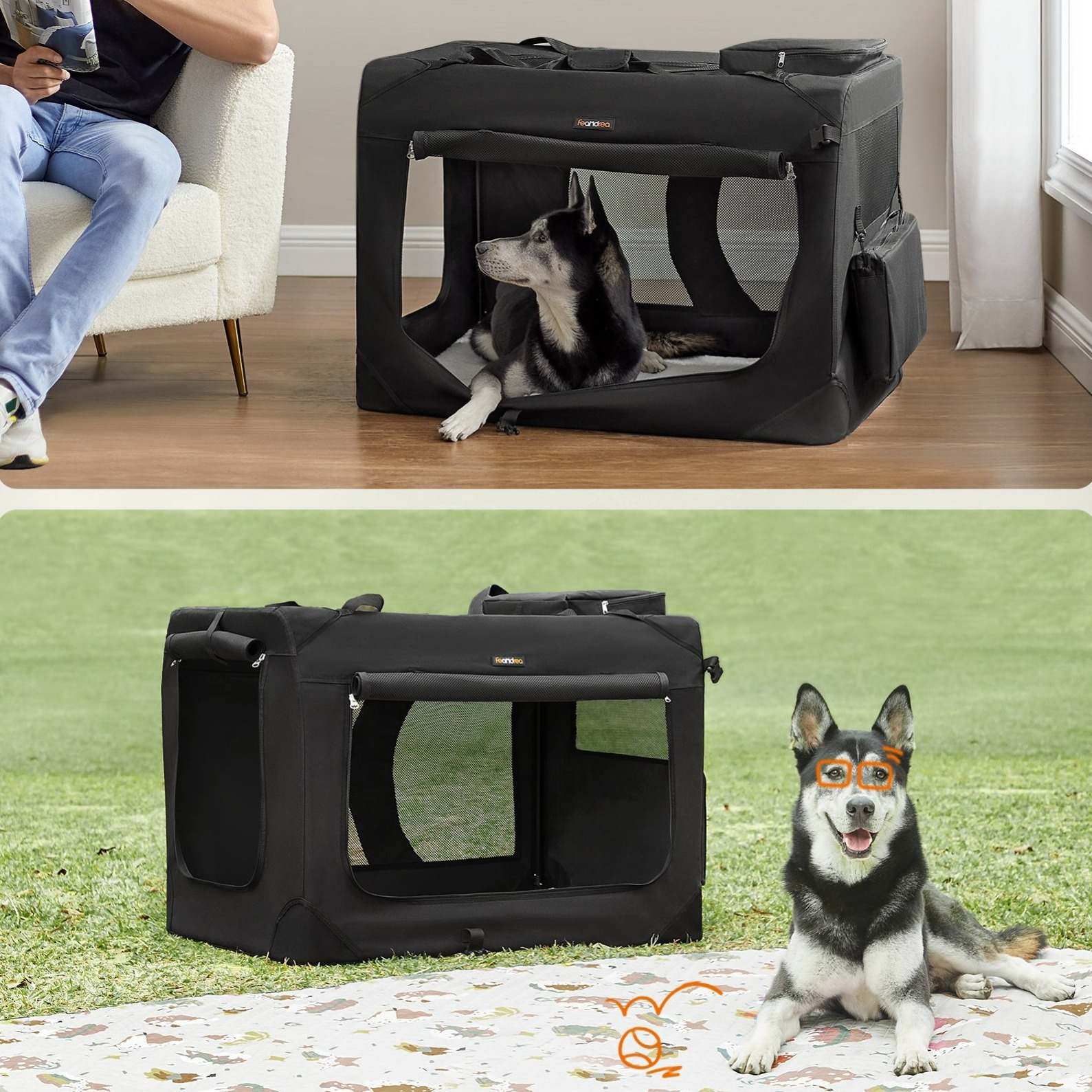 TEMU Caisse pour Chien, Transporteur pour Animaux Pliable, XXL, Caisse Souple Portable, Tissu Oxford, , Cadre Métallique, avec Poignée, Poches de