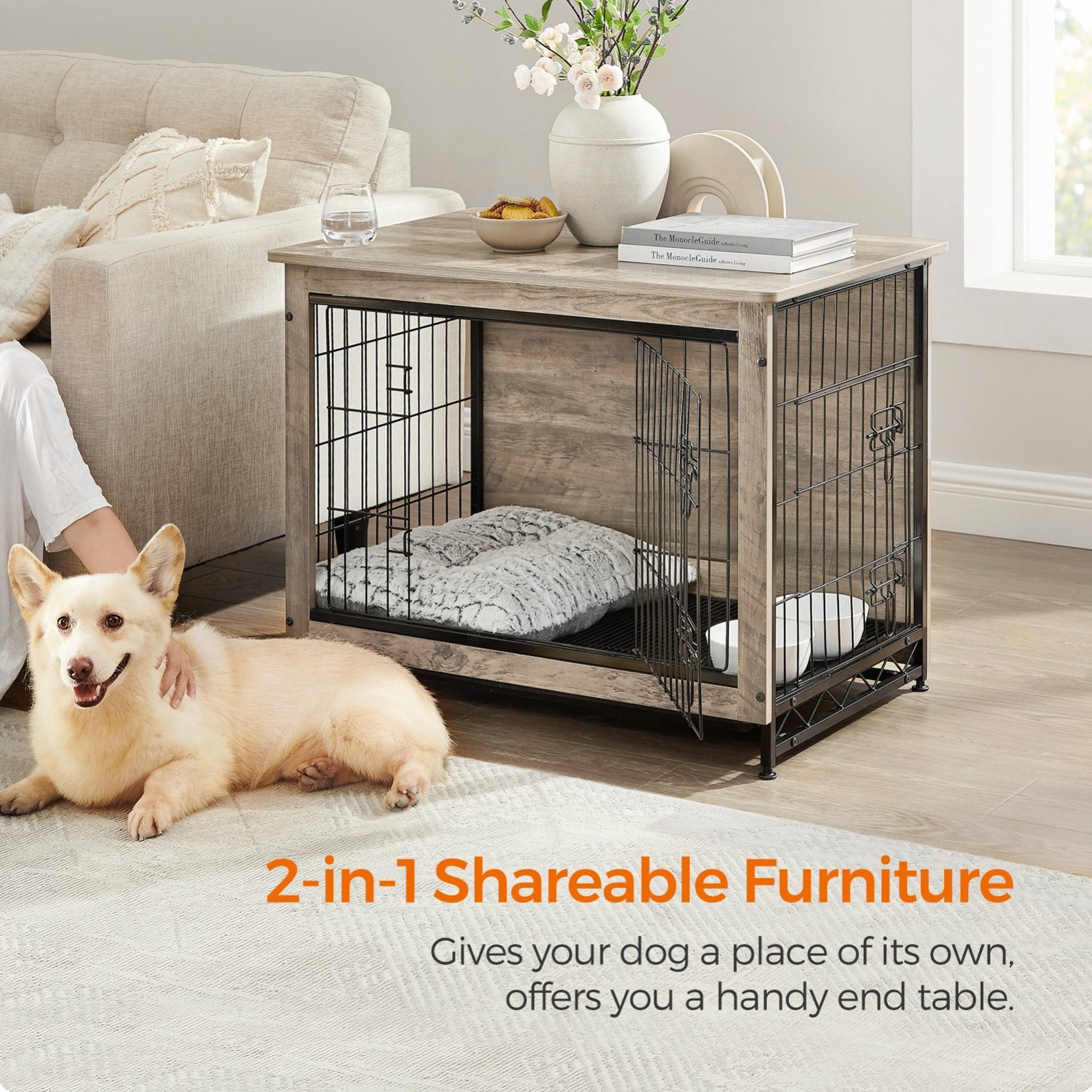 TEMU Meuble Panier pour Chien en Bois, Table d'Étagère Latérale de Panier pour Animaux de Compagnie de 32,5 po, Cage pour Chien avec Plateau Amovible