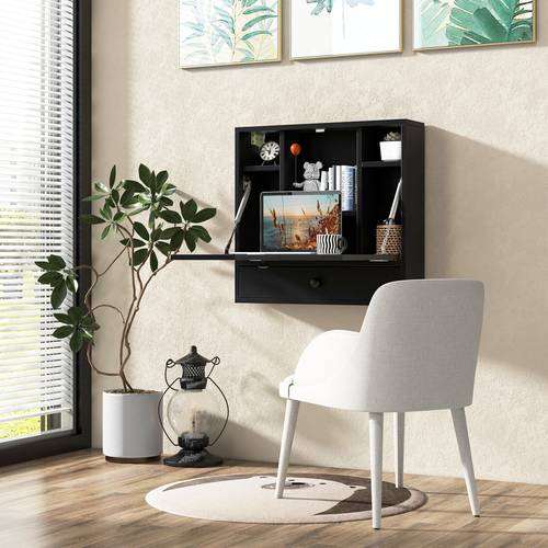 wall mount laptop desk with storage space saving floating desk with shelves drawer multifunctional work from home computer desk fold down tabletop for home office dorm black white