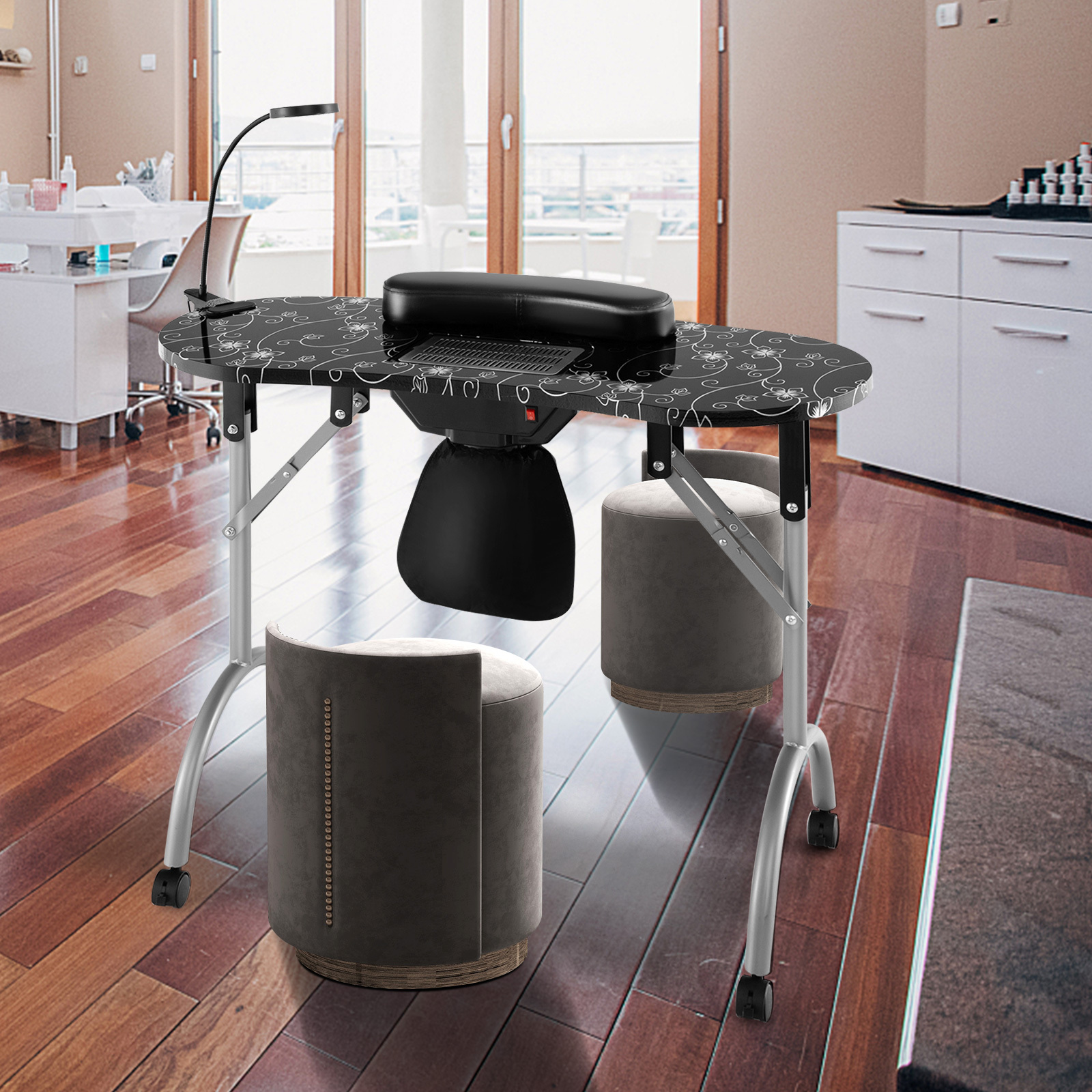 TEMU GIANTEX Table de Manucure Portable, Table à Ongles Pliable avec Ventilation Électrique, Lampe de Table Flexible, Coussin d'Accoudoir Amovible,