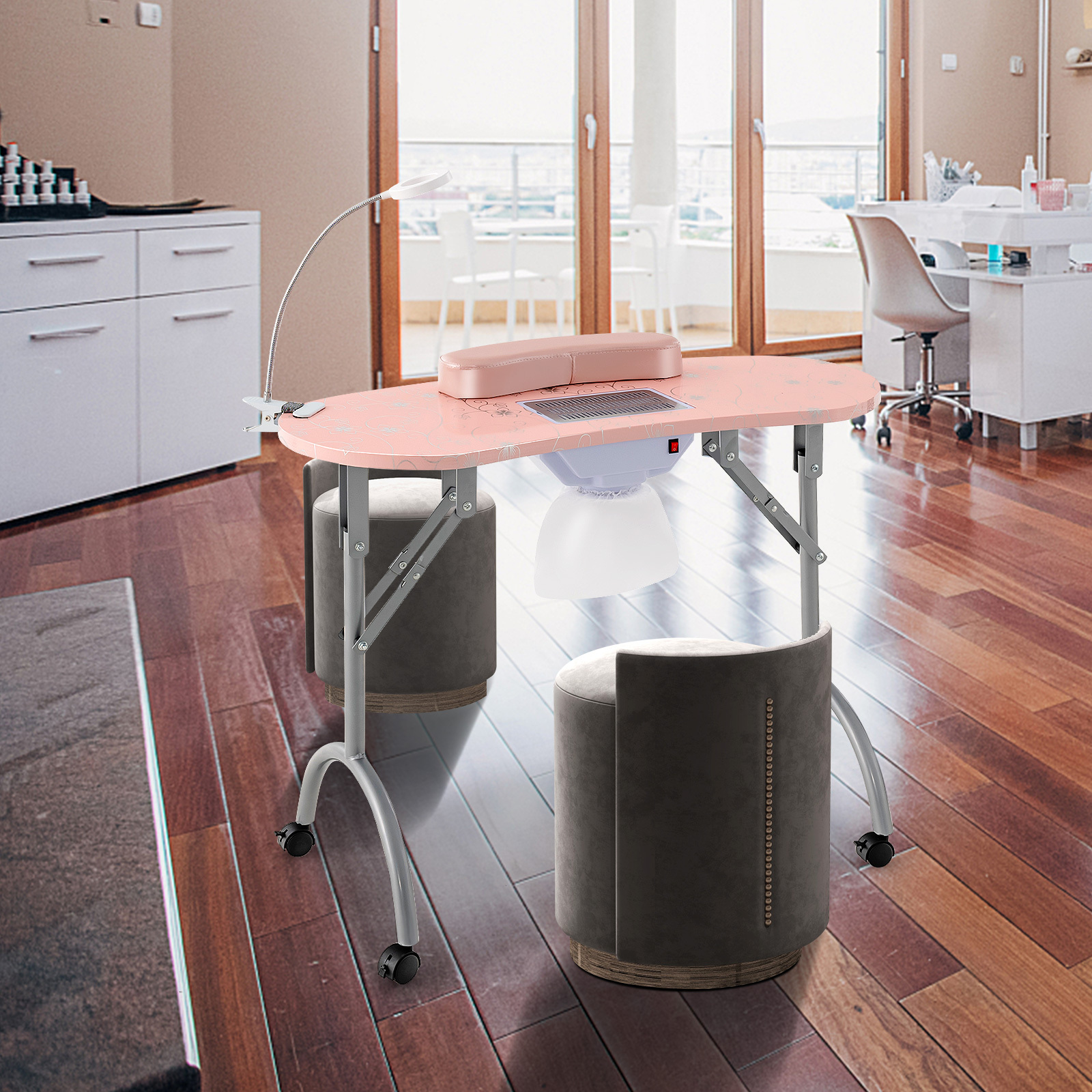 TEMU GIANTEX Table de Manucure Portable, Table à Ongles Pliable avec Ventilation Électrique, Lampe de Table Flexible, Coussin d'Accoudoir Amovible,