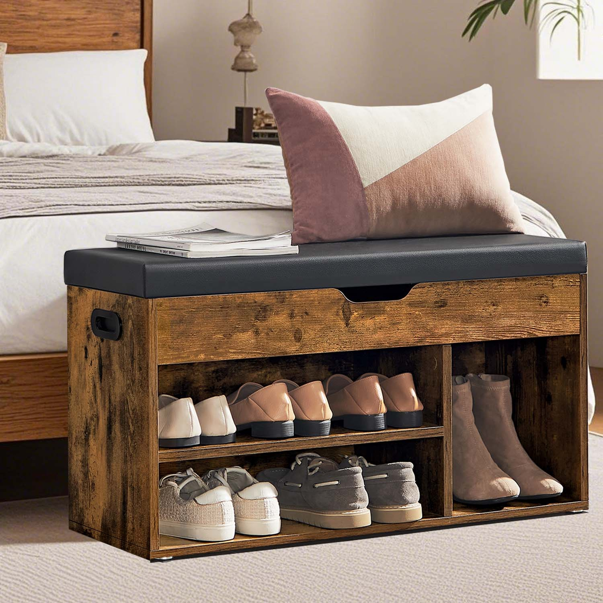 TEMU Banc de rangement avec coussin, banc à chaussures avec siège rembourré, 3 compartiments, rangement , pour couloir ou chambre, capacité de charge