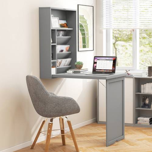 wall mounted computer convertible desk floating desk bookcases grey