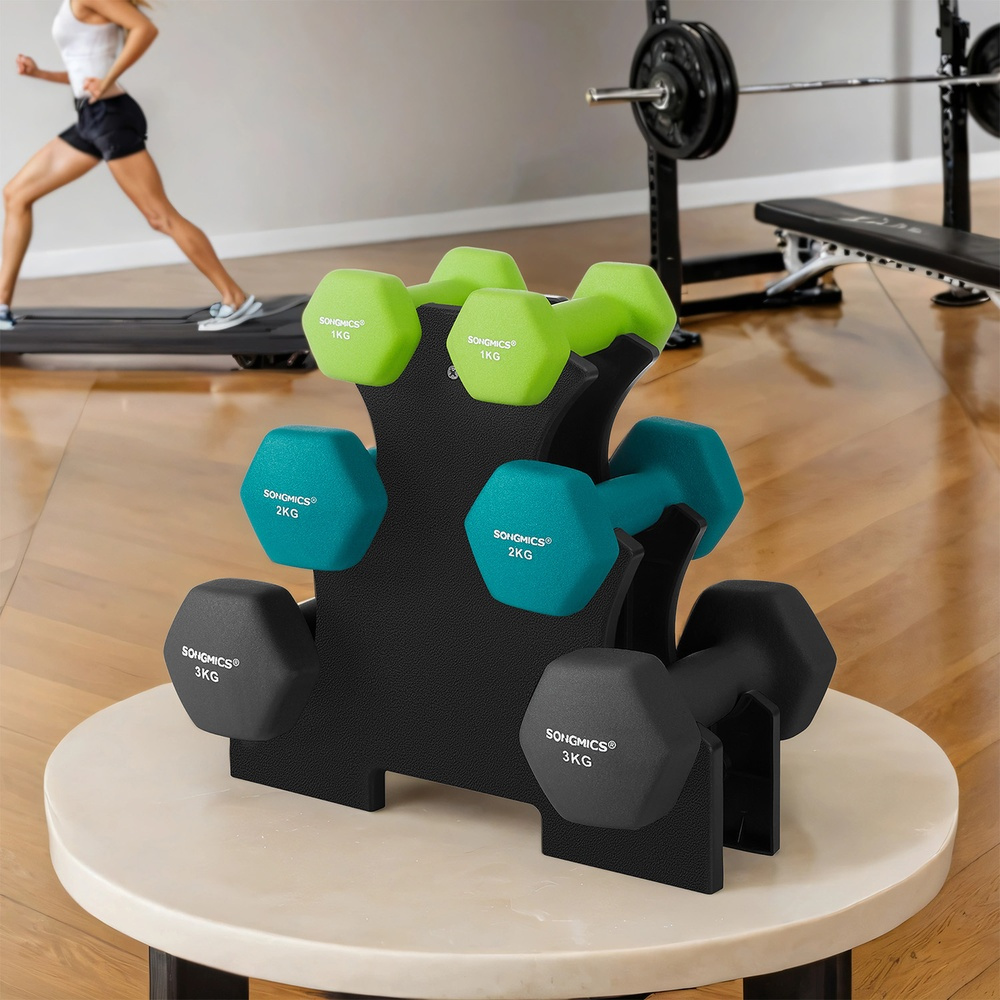 TEMU Hex Dumbbells Set With Stand - 2 X 1 Kg, 2 X 2 Kg, 2 X 3 Kg, Neoprene , Hand Weights For Home Exercise, Lime, Teal, And Dark Grey