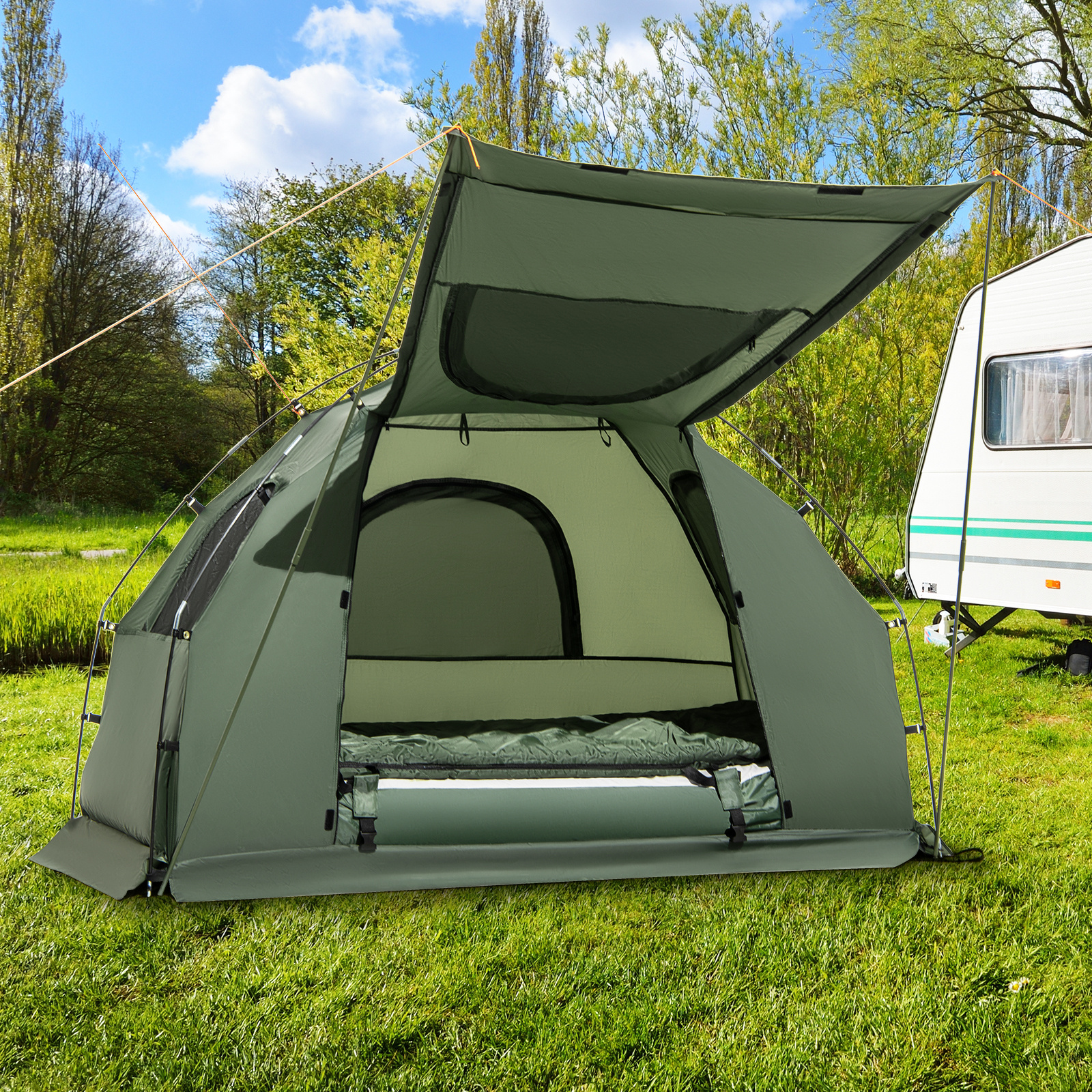 TEMU COSTWAY Tente de Camping Pliable d'Extérieur, Lit de Tente de Camping Surélevé avec Sac de Couchage, Matelas Gonflable, Oreiller, Pare-Soleil,