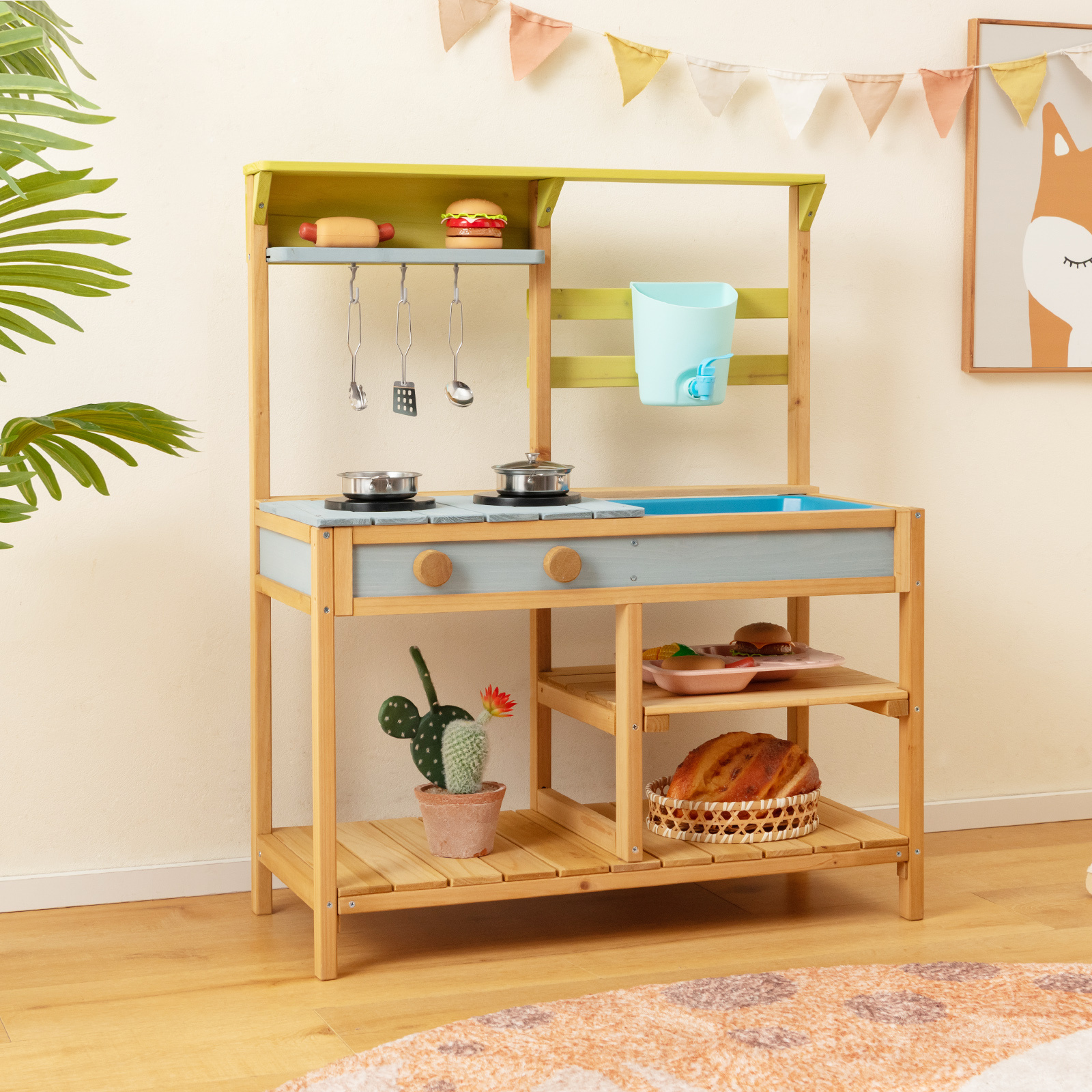 TEMU Costway Wooden Play Kitchen Set, 's Mud Kitchen W/ Faucet & , Detachable Sink & 3 Hanging Hooks, 1 Active Shelf & 2 Fixed Shelves, Fun Backyard