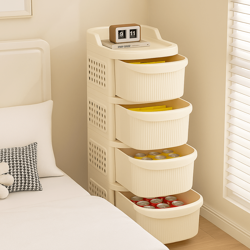 a white plastic storage organizer with 4 wheels for mobility multiple drawers and open shelves   saving   suitable for kitchens living rooms toys seasonal decorations essential kitchen items home storage