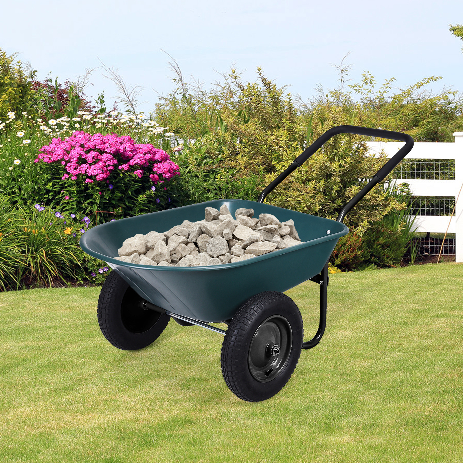 TEMU COSTWAY Chariot de Jardin, Brouette à 2 Roues, Chariot de Jardinage, Chariot de Décharge Extérieur avec Cadre en Acier & Pneus Pneumatiques de