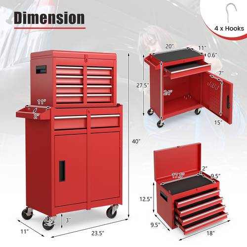 rolling tool chest combo with 5 drawers high capacity toolbox organizer with adjustable shelf detachable tool storage cabinet with wheels and locking system for