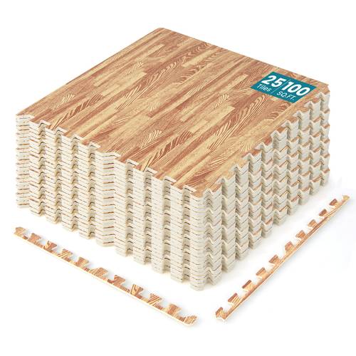 100 sq ft wood grain puzzle mats 25 pack 2 5 thick eva foam interlocking floor tiles with 50 borders 24 24 anti fatigue protective flooring for home gym exercise