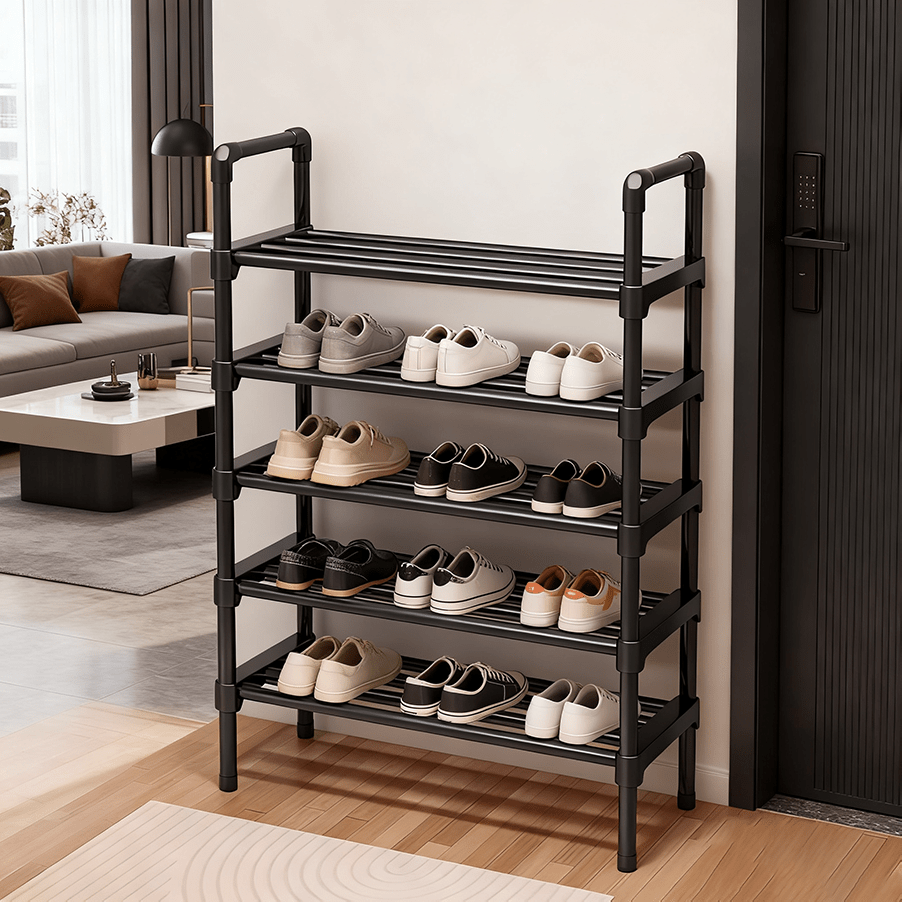 TEMU 1pc Black Metal And Plastic 5-tier Stackable Shoe Rack - Freestanding Space-saving Storage Shelf - No For Entryway Bedroom Floor Outdoor