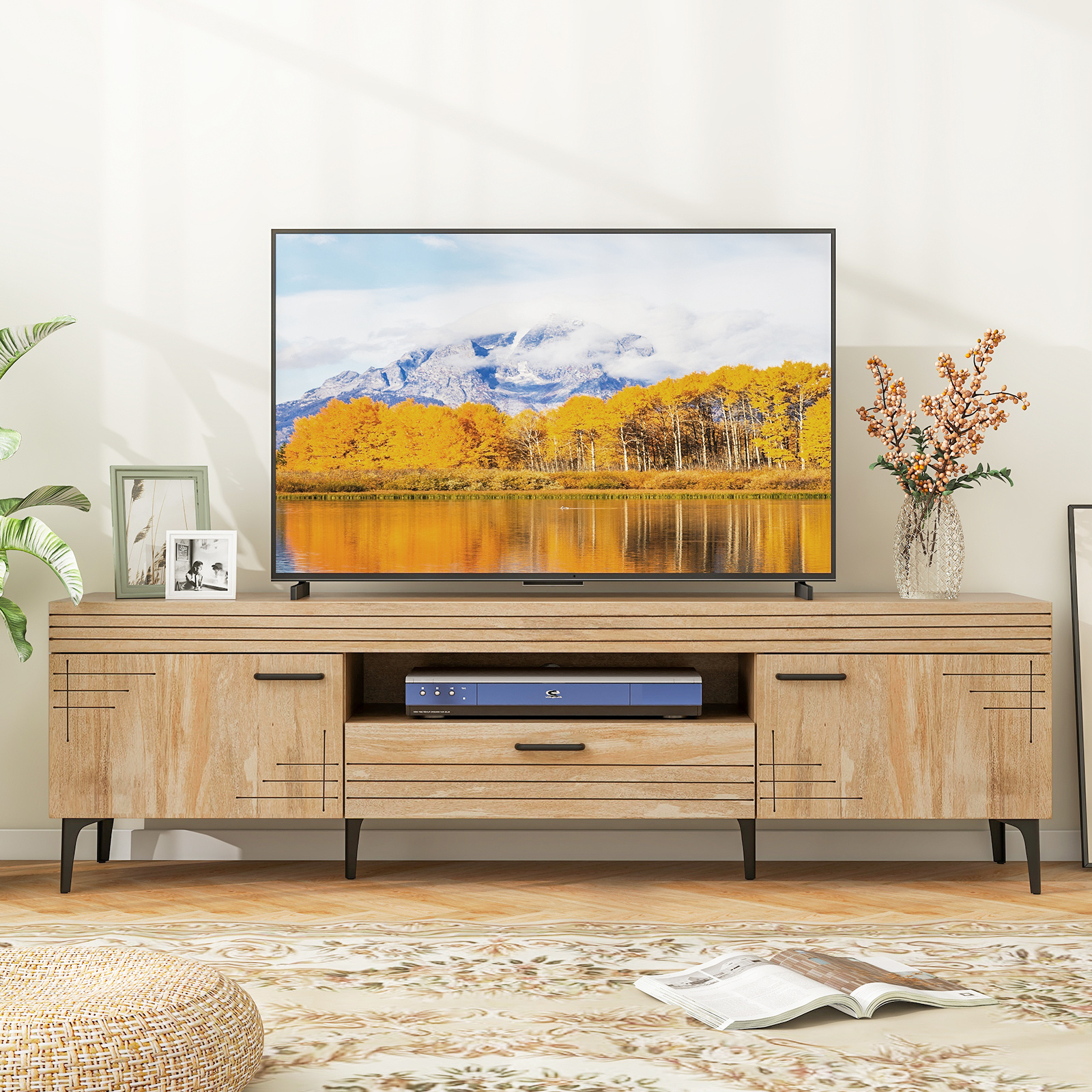 TEMU Meuble TV COSTWAY pour téléviseurs de 65 pouces, centre de moderne avec tiroir, 2 meubles de rangement avec portes sculptées en ligne, pieds en
