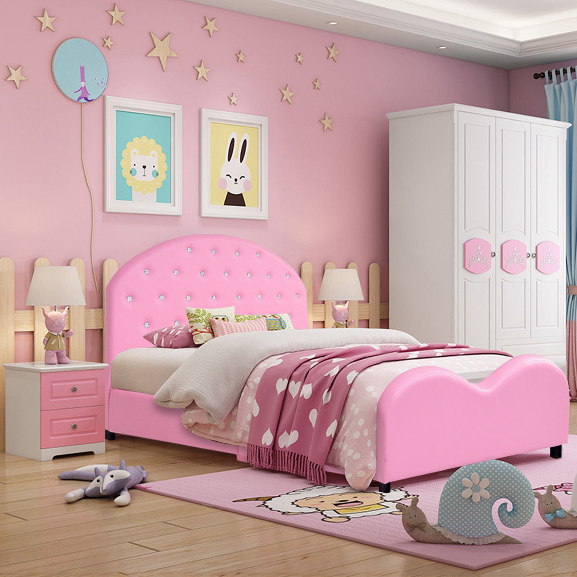TEMU COSTWAY Lit de Princesse sur Plateforme Rembourrée en PU pour Enfants, Meuble de Chambre en Bois Rose