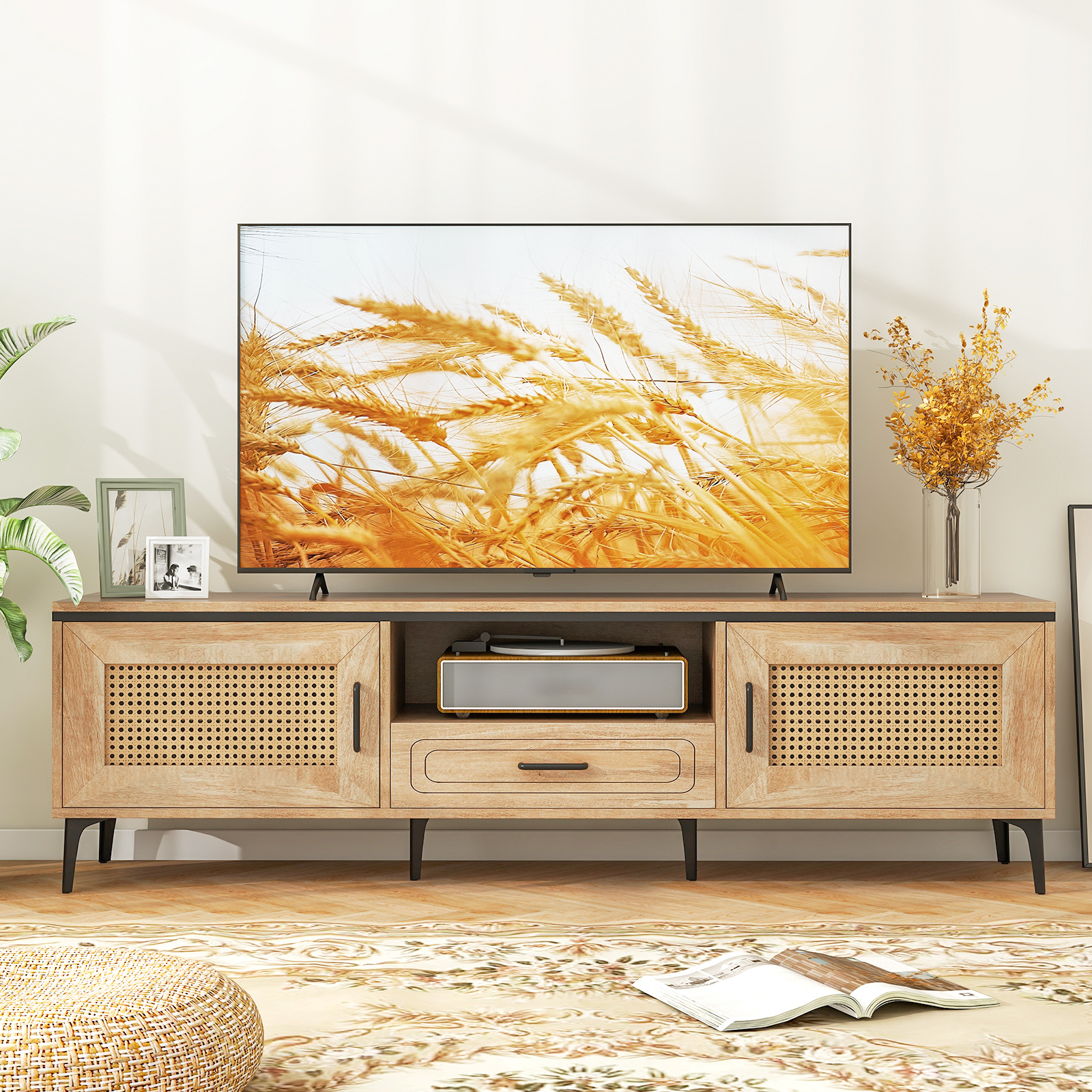 TEMU Support TV COSTWAY pour téléviseurs de 65 pouces, meuble de moderne avec tiroir, 2 armoires de rangement à portes en rotin, pieds métalliques,