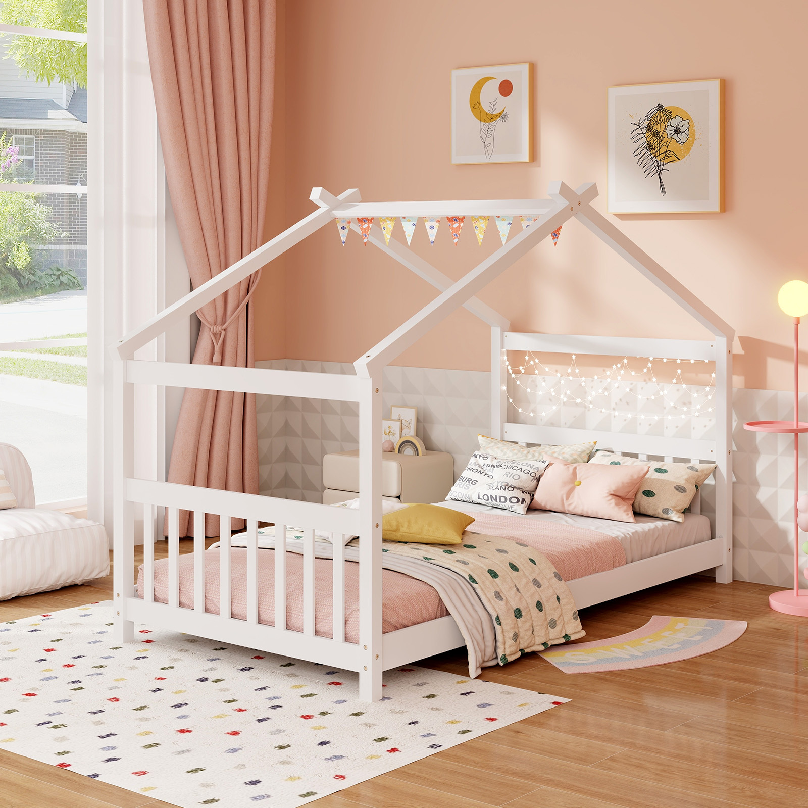 TEMU Twin Size House Bed, Wooden Bed Frame With Roof, Headboard And Footboard, Low Floor Slatted Bed Base For Kids, Teens, Spring Needed, White