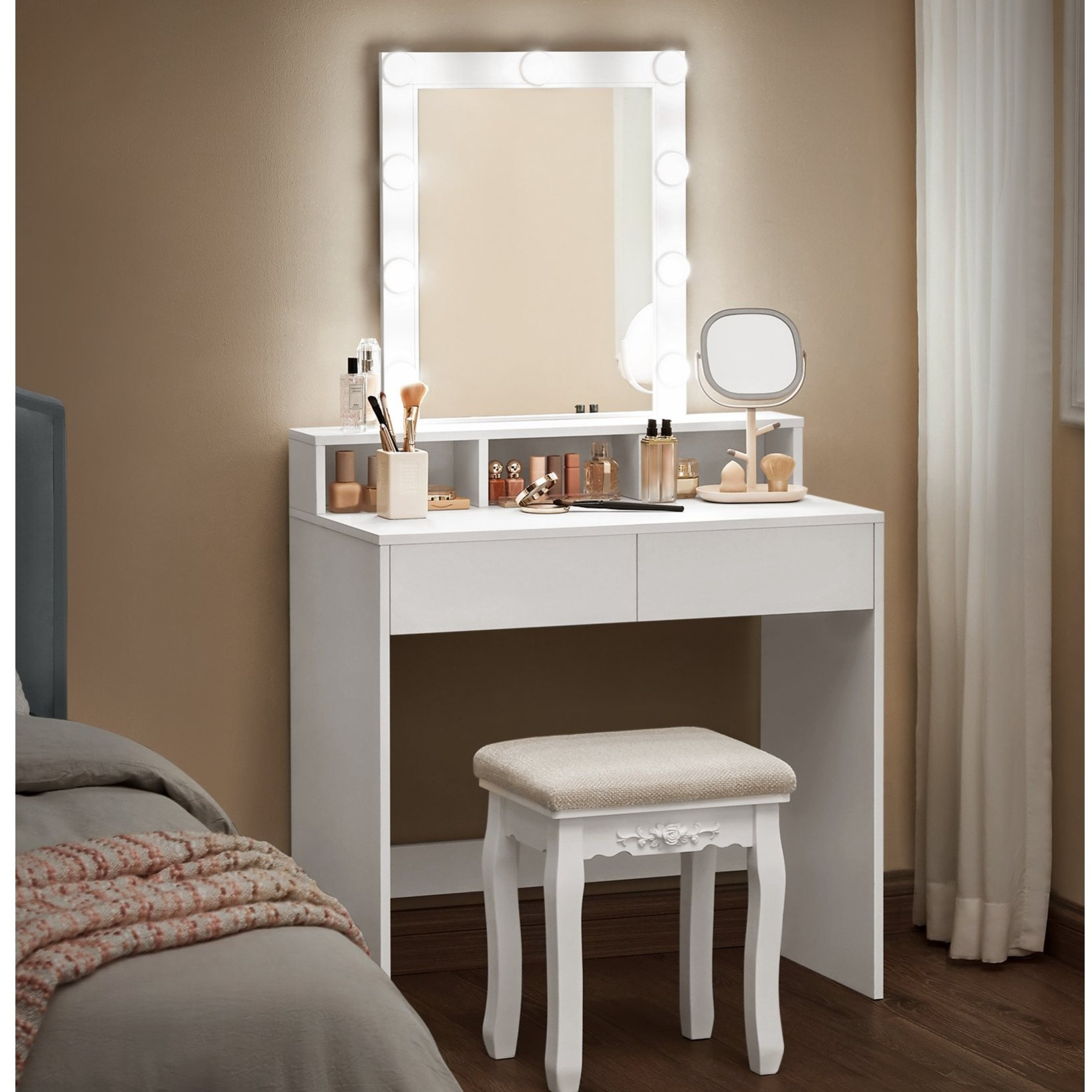 TEMU Bureau de Toilette avec , Table de Cosmétique avec Lumières, Luminosité Réglable, Bureau de Cosmétique de 31,5 pouces de Large avec 2 Tiroirs, 3
