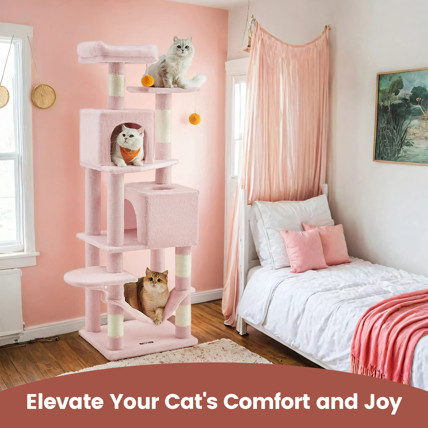 TEMU Cat Tree, 61-inch Cat Tower For Indoor Cats, Plush Multi-level Cat Condo With 5 Scratching Posts, 2 Perches, 2 Caves, Hammock, 2 Pompoms