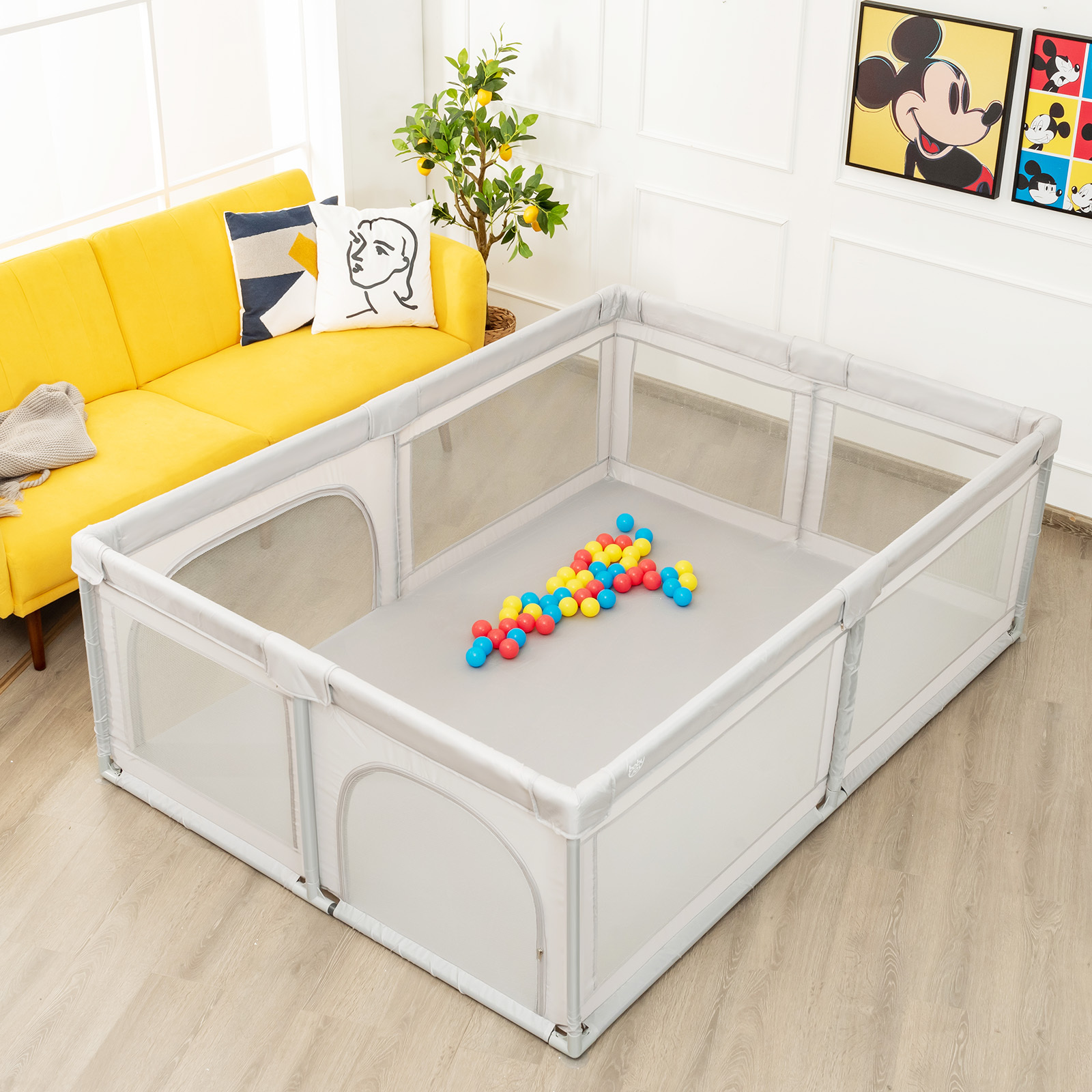 TEMU Costway Portable Baby Playpen, Large Play Yard W/ 50 Ocean Balls, 4 Handlebars, Stable Safety Playpen W/ Breathable Mesh & Zippered Door, Rubber