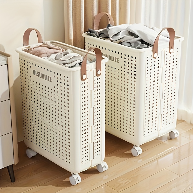 TEMU 15.85/20. Large Foldable Wheeled Laundry Basket (multiple Sizes Available) With No Lid - Faux Leather, Solid Color, Versatile Folding Portable