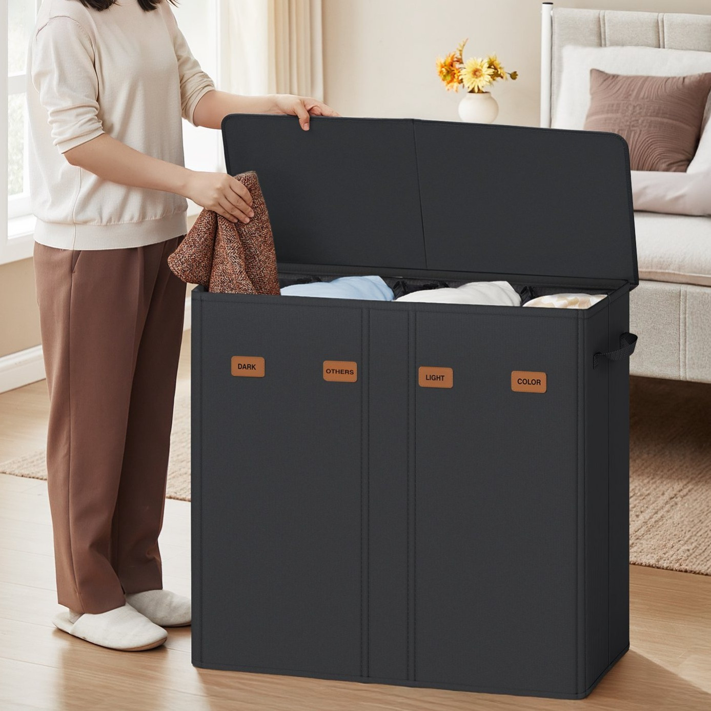 TEMU 55.4 Gallon (210 L) Panier à linge, trieur de panier à linge à 4 compartiments avec couvercle, étiquettes, sacs intérieurs amovibles, pour
