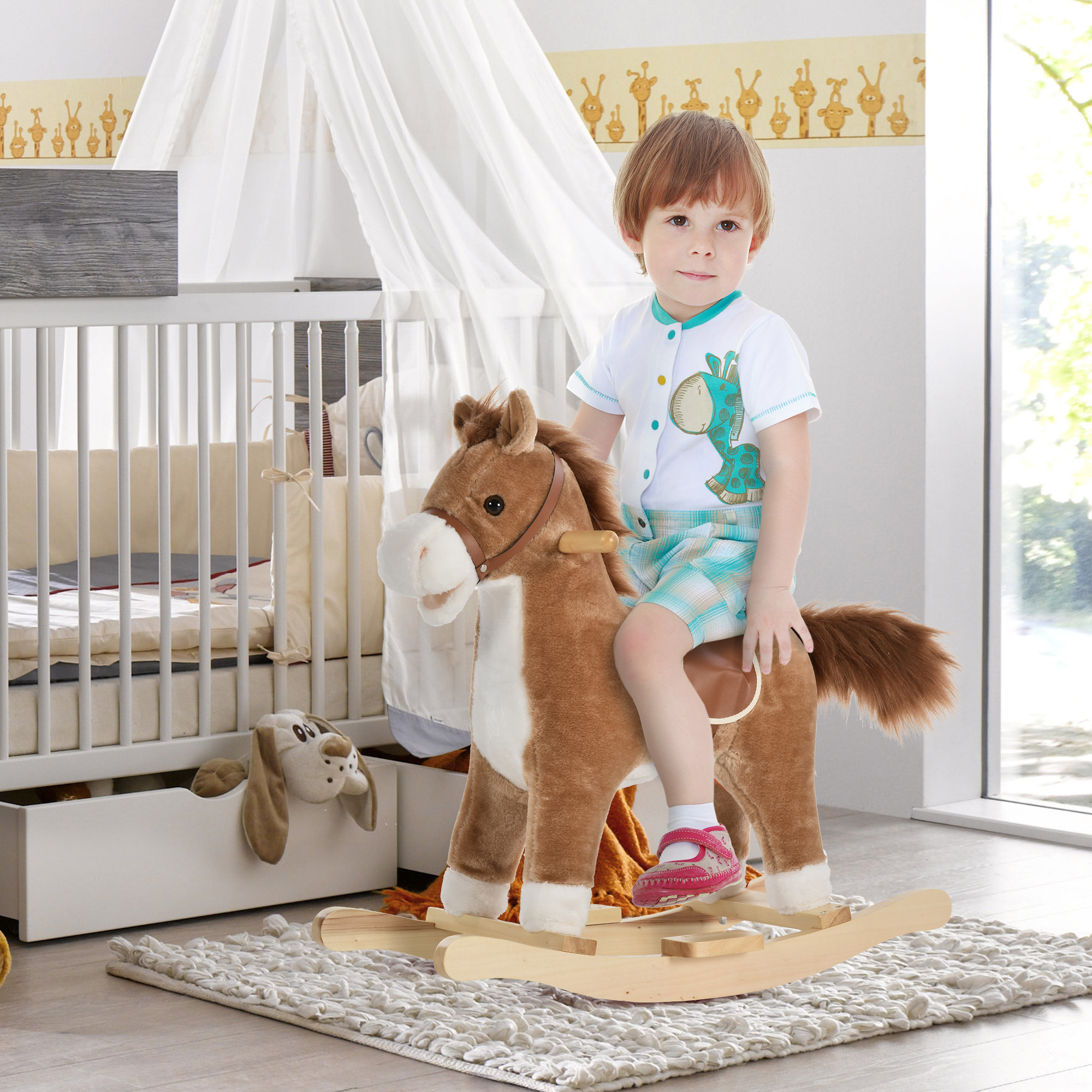 TEMU Cheval à en peluche pour enfants avec animaux, en bois avec , base en bois, berceau à pour bébé, marron