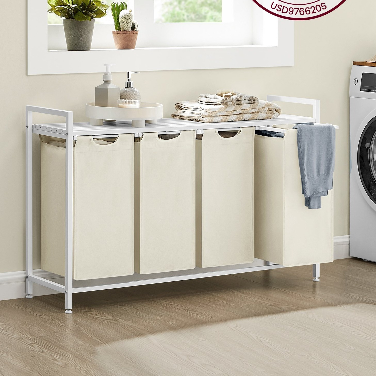TEMU Panier à linge, panier à linge, trieur de linge avec 4 sacs extensibles et amovibles, étagère, cadre en métal, 4 x 10,6 gallons (40L), 45,7 x 13