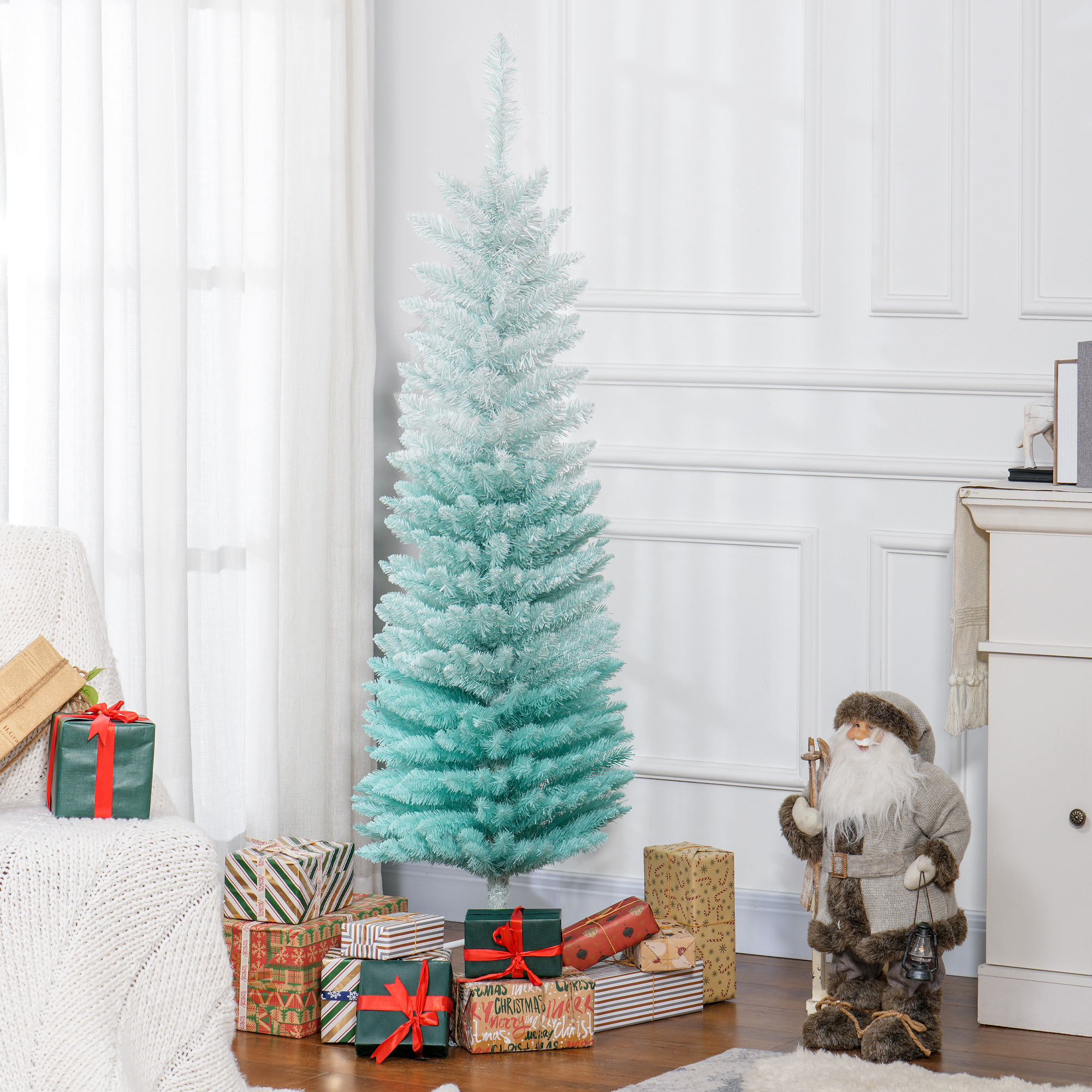 TEMU Arbre de Noël en crayon de 5 pieds, arbre de Noël artificiel mince avec des branches réalistes, support robuste, bleu dégradé