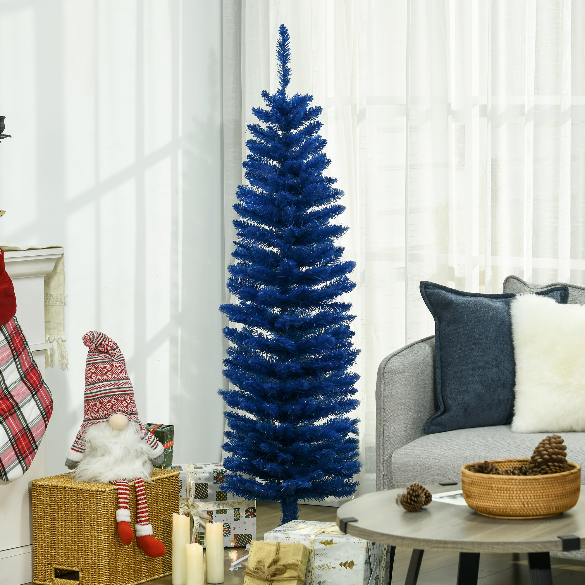 TEMU Arbre de Noël en crayon de 5 pieds, arbre de Noël artificiel mince avec des branches réalistes, support robuste, bleu