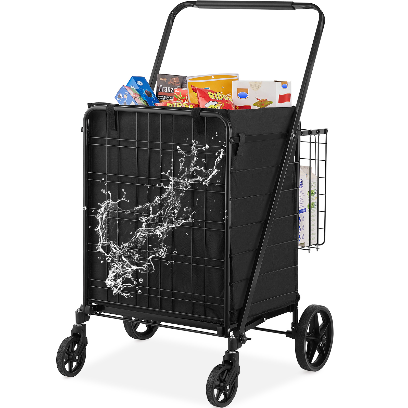TEMU Vevor Folding Shopping Cart With Removable Waterproof Liner, 330lbs Large Capacity Jumbo Grocery Cart With Dual Basket, Wheels, Dense Metal Mesh