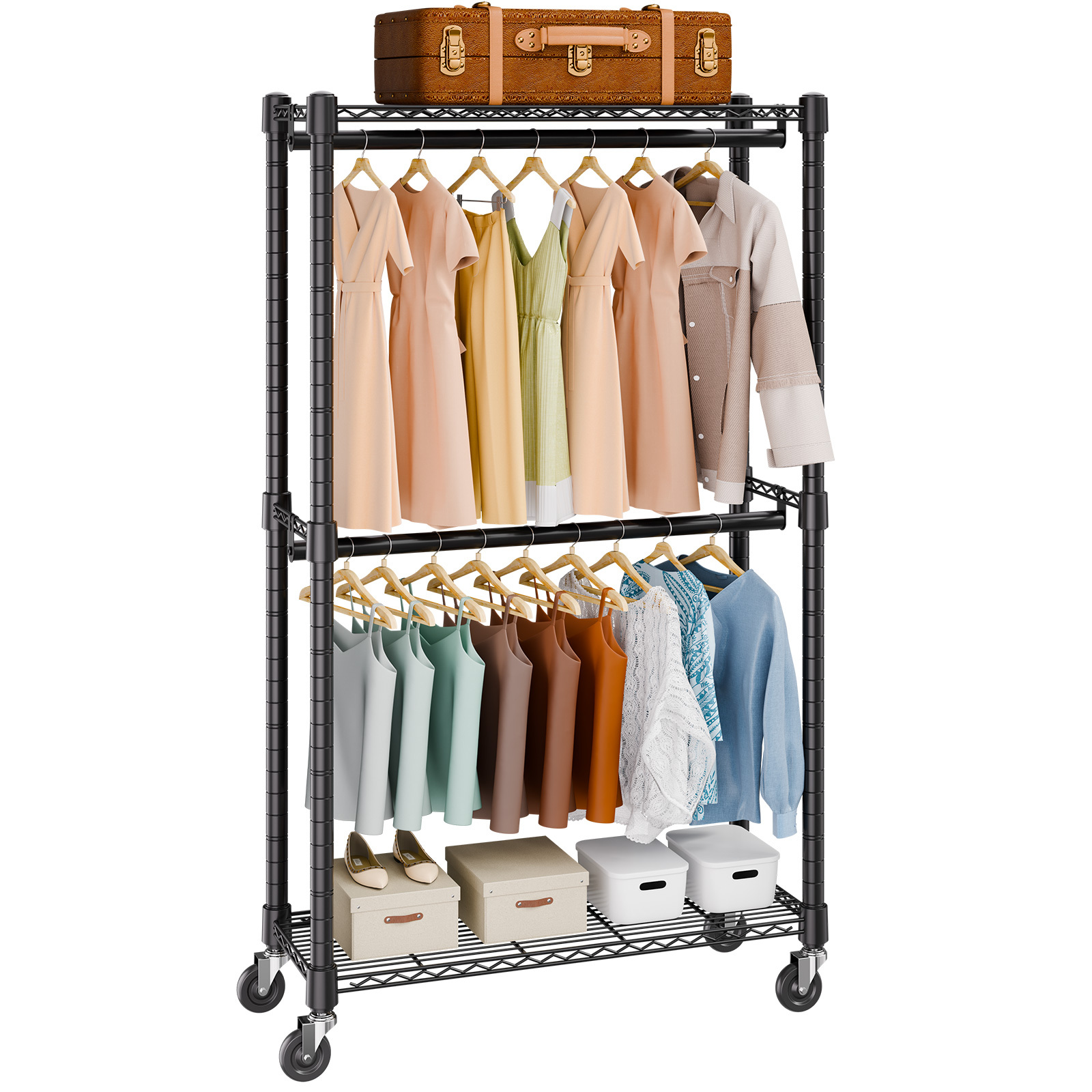 TEMU VEVOR Portant à vêtements robuste, double portant à vêtements avec rangement inférieur et supérieur, portant à vêtements roulant pour suspendre