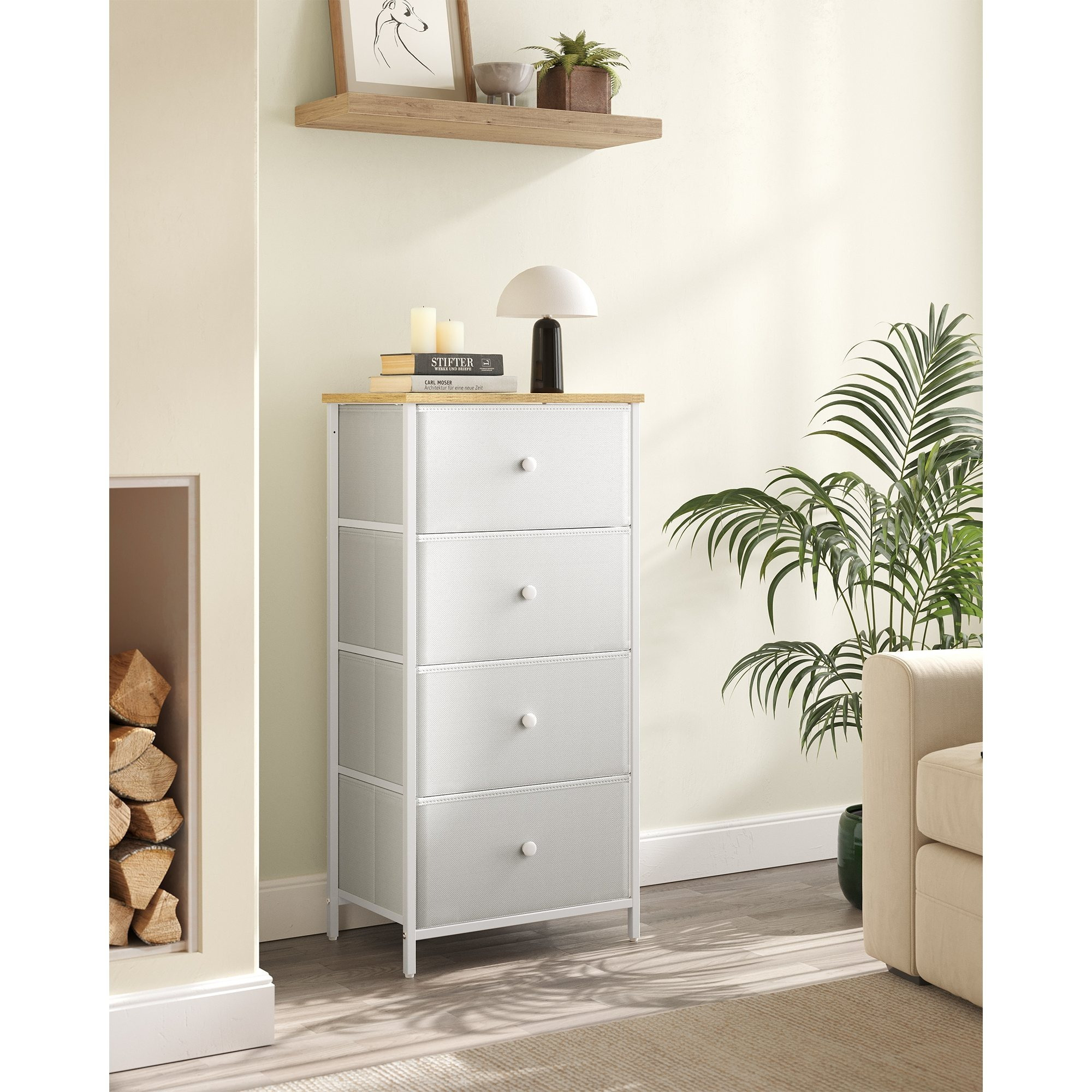 TEMU Commode pour chambre à coucher, commode en tissu avec 4 tiroirs, cadre en métal, petit bureau à tiroirs, blanc crème et
