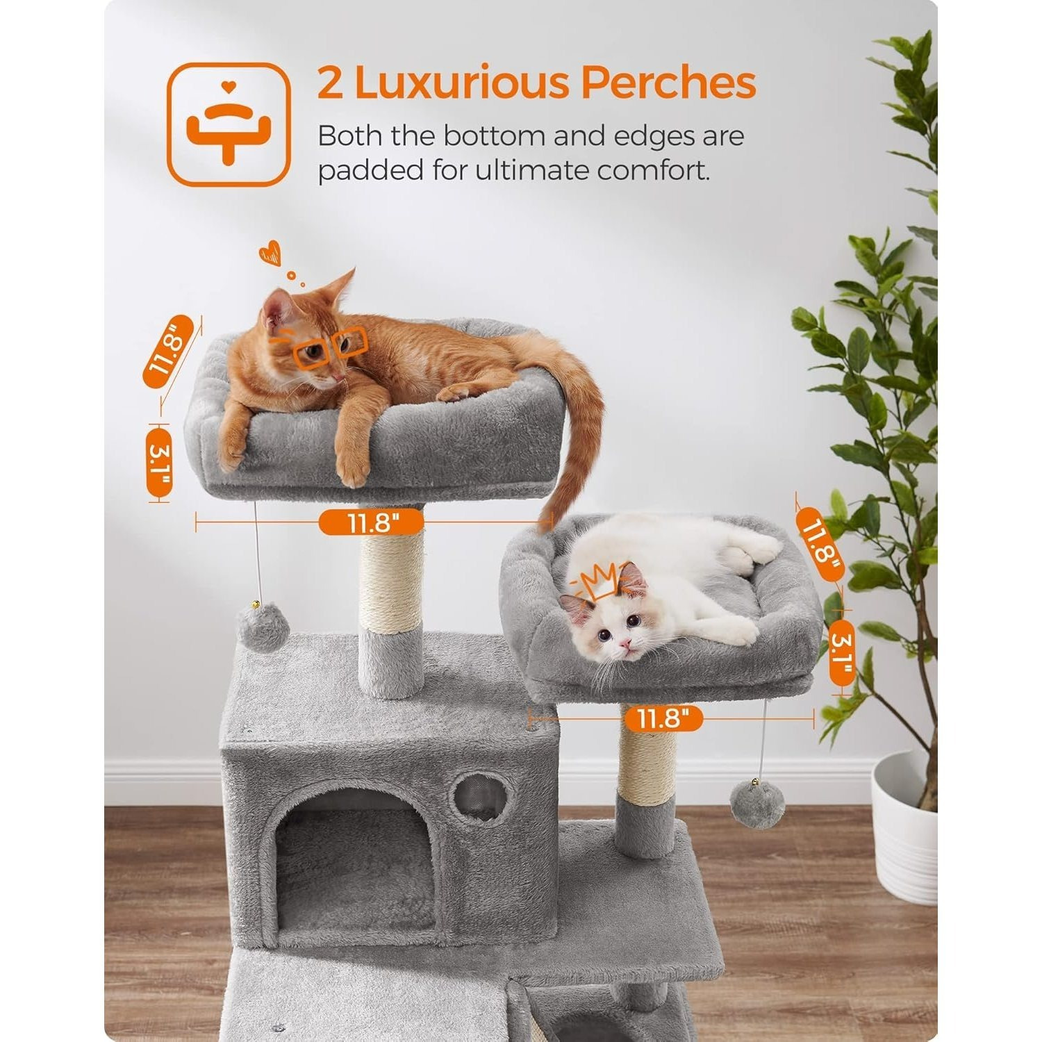 TEMU Arbre pour chat, tour pour chat de 66,1 pouces avec 13 griffes, 2 perchoirs, 2 , panier, hamac, pompons, pour chat en peluche multi-niveaux pour