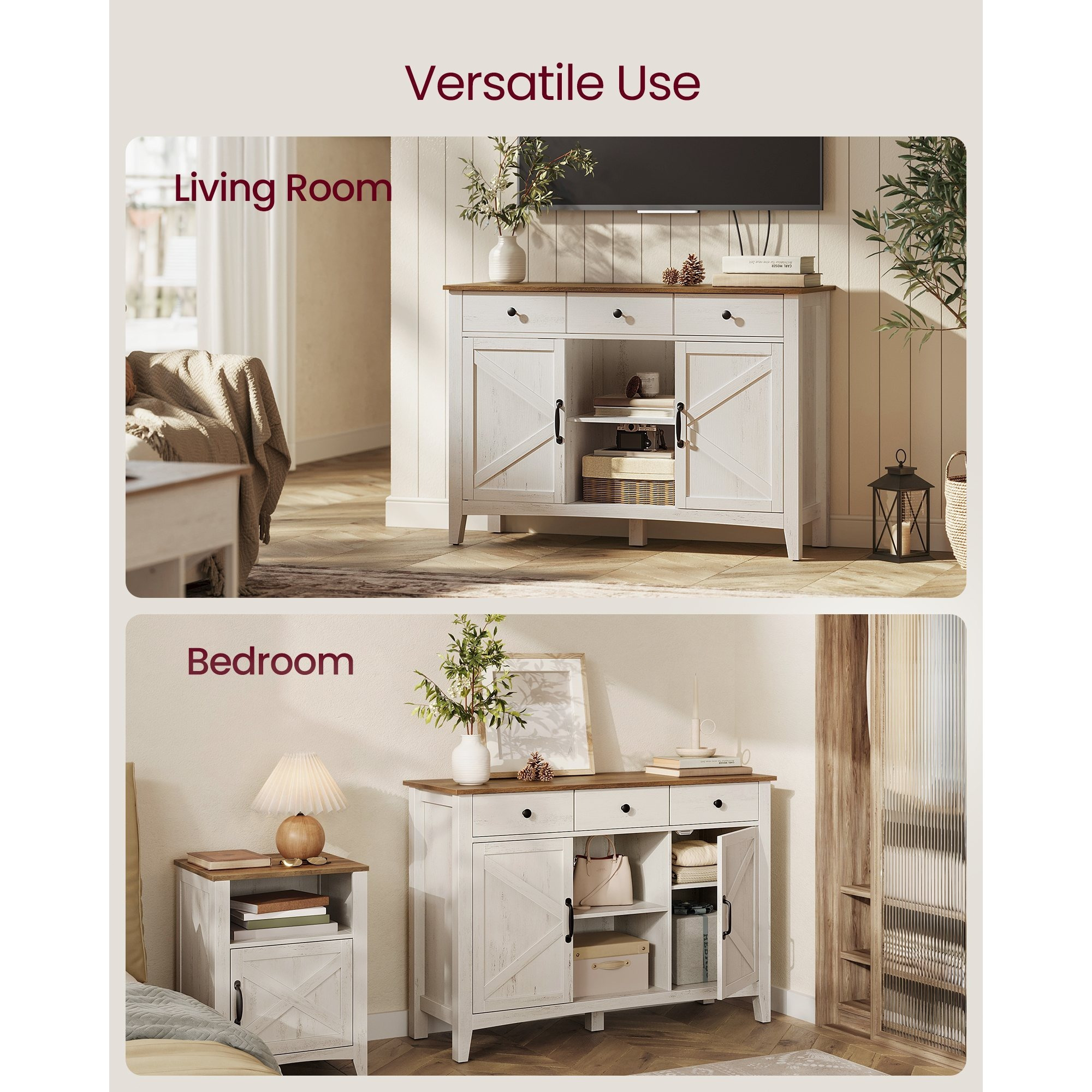 TEMU à café, meuble de cuisine avec 3 tiroirs, buffet de style ferme avec étagère réglable pour cuisine, blanc rustique et marron miel UBBK371W01V1