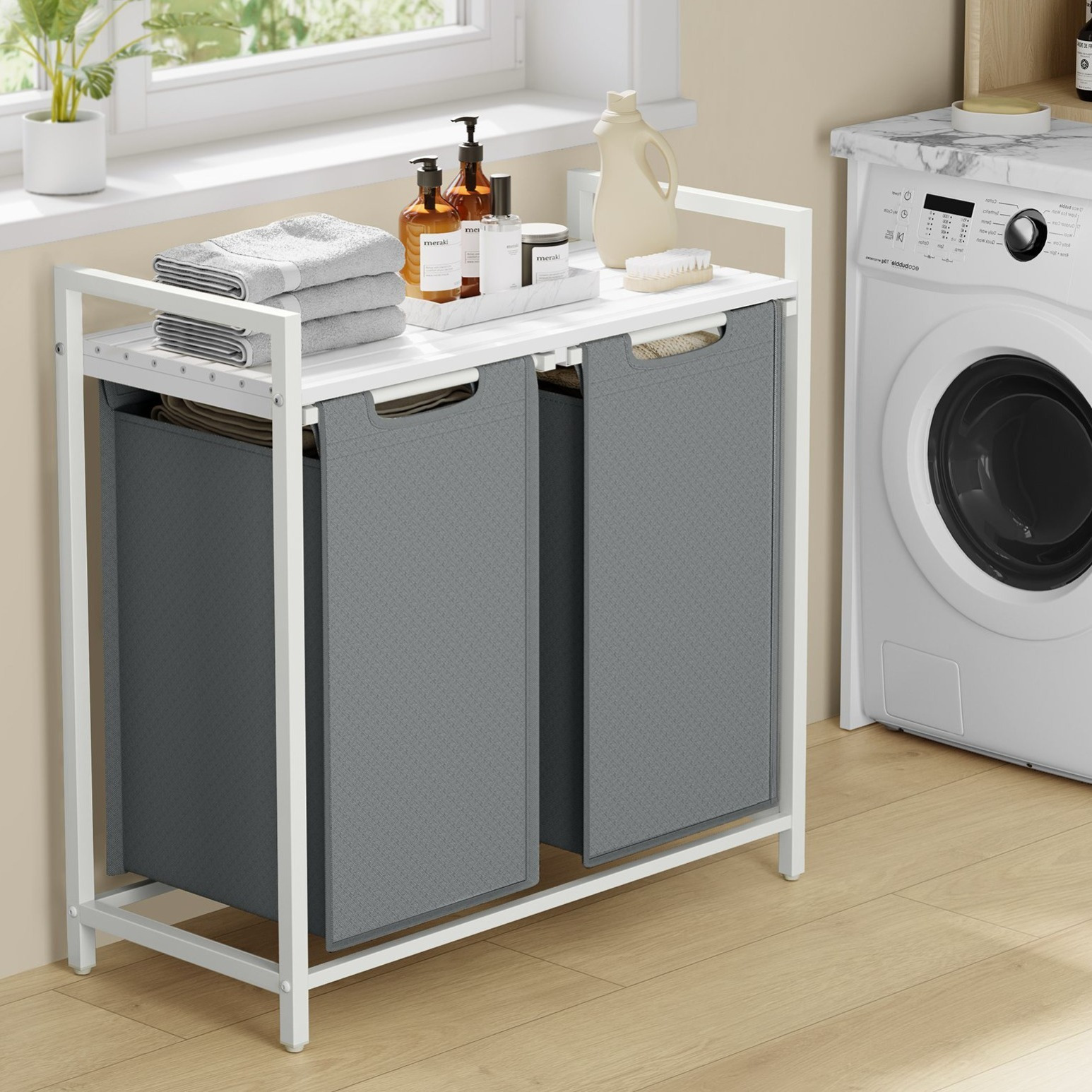 TEMU Panier à linge, panier à linge, trieur de linge avec 2 sacs extensibles et amovibles, étagère, cadre en métal, 2 x 12,1 gallons (46L), 28,8 x 13