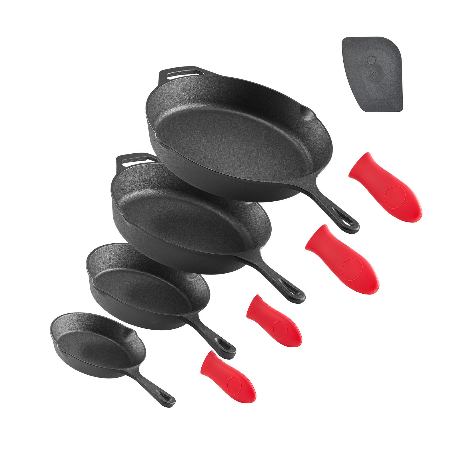 TEMU Ensemble de 4 Poêles en Fonte avec Poignées en Silicone, 6, 8, 10 et 12 Pouces, Noir