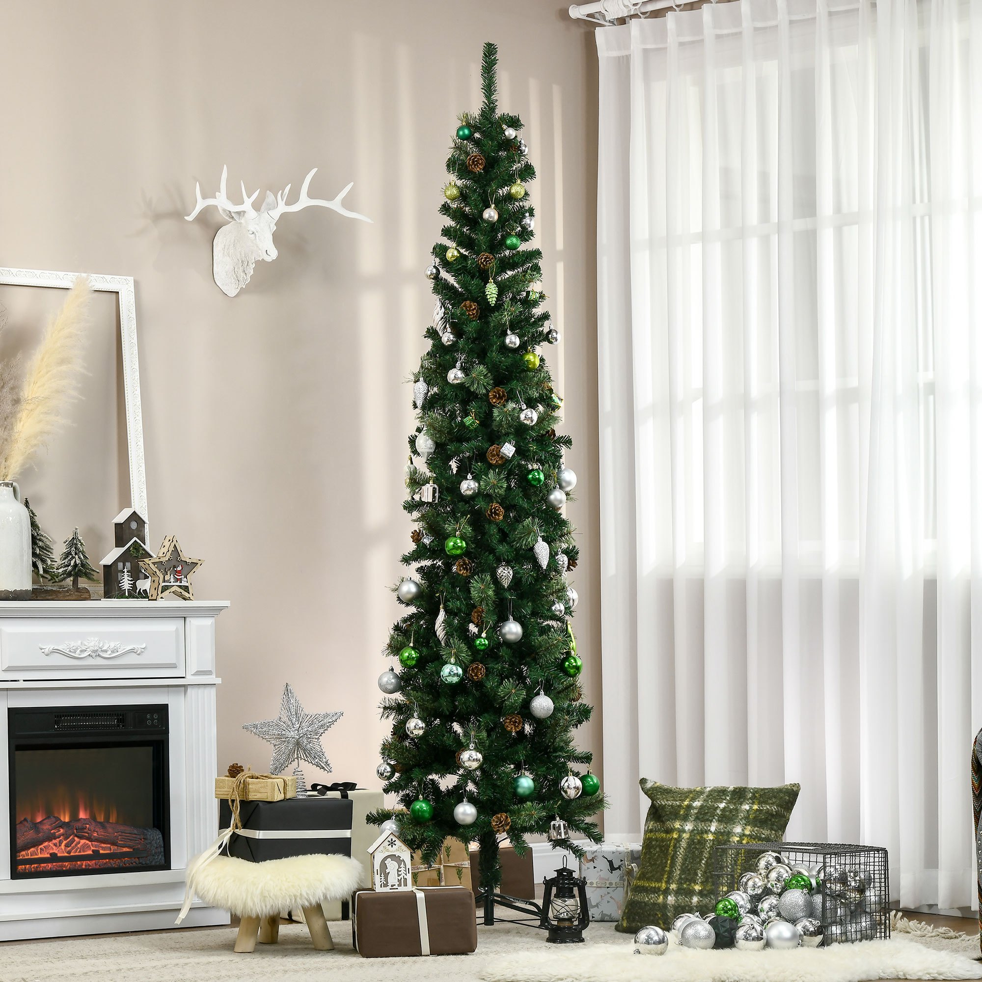 TEMU Arbre de Noël artificiel en crayon de 7,5 pieds, arbre de Noël avec des aiguilles de pin fines et des branches réalistes, cônes de pin, base en