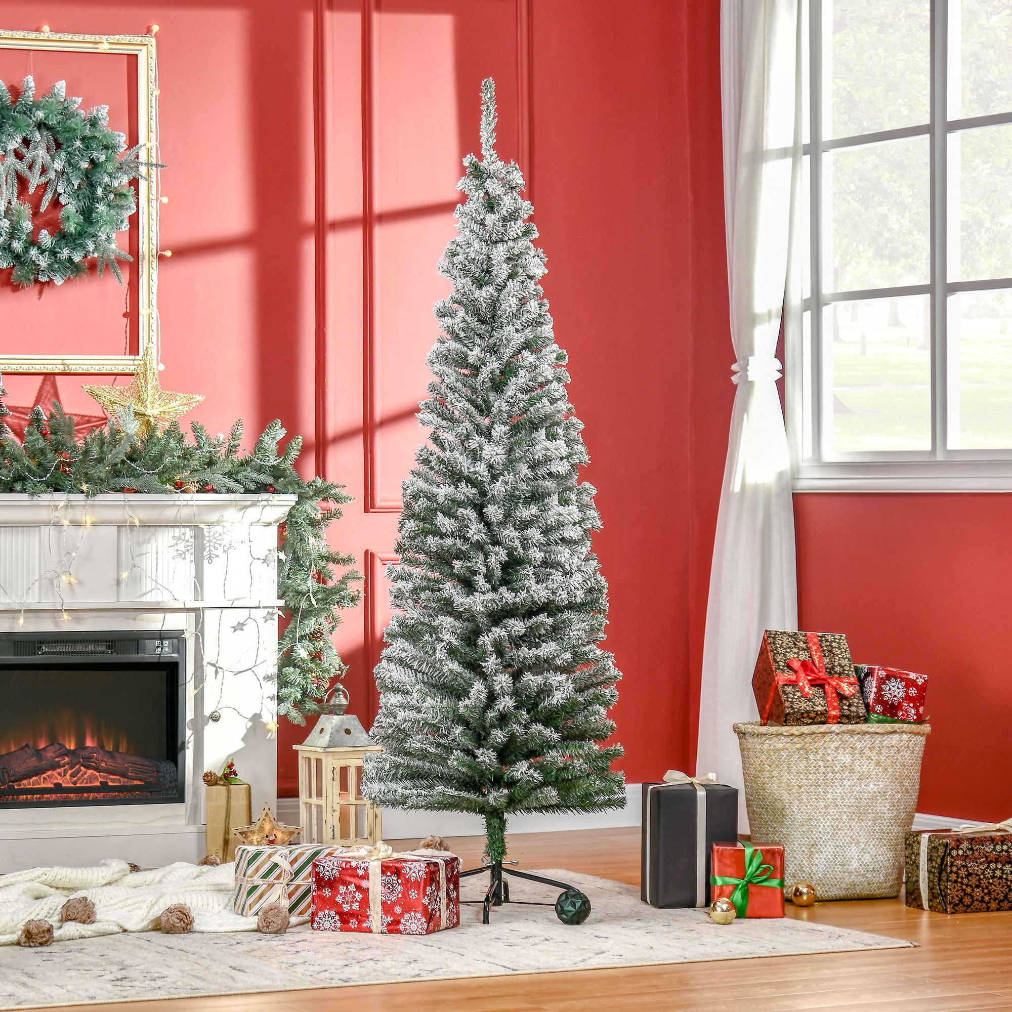 TEMU Sapin de Noël crayon de 6 pieds floqué de neige, sapin de Noël artificiel fin avec pointes de branches réalistes, support métallique pliable,