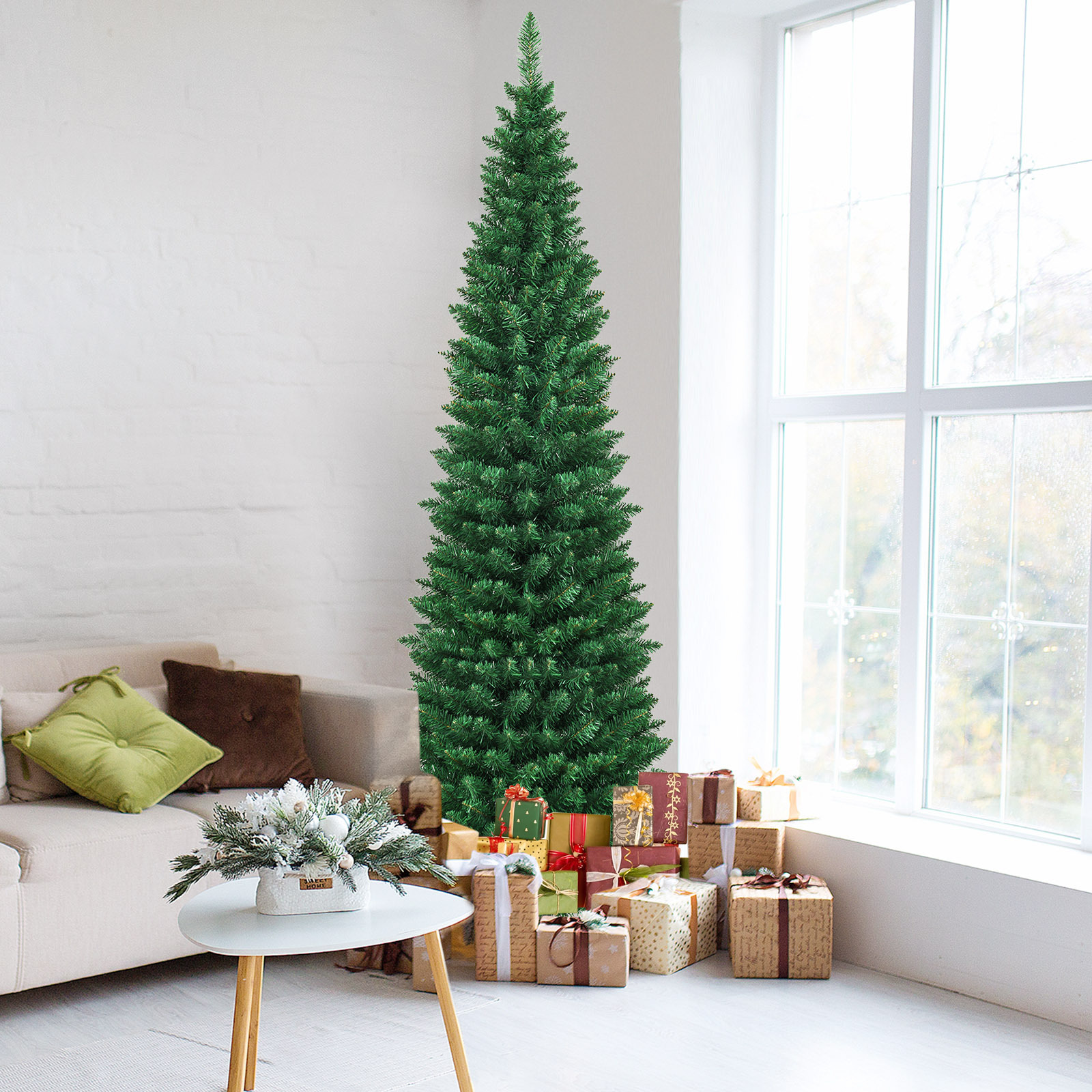 TEMU COSTWAY 7Ft PVC Arbre de Noël artificiel en crayon mince avec support pour la décoration de vert