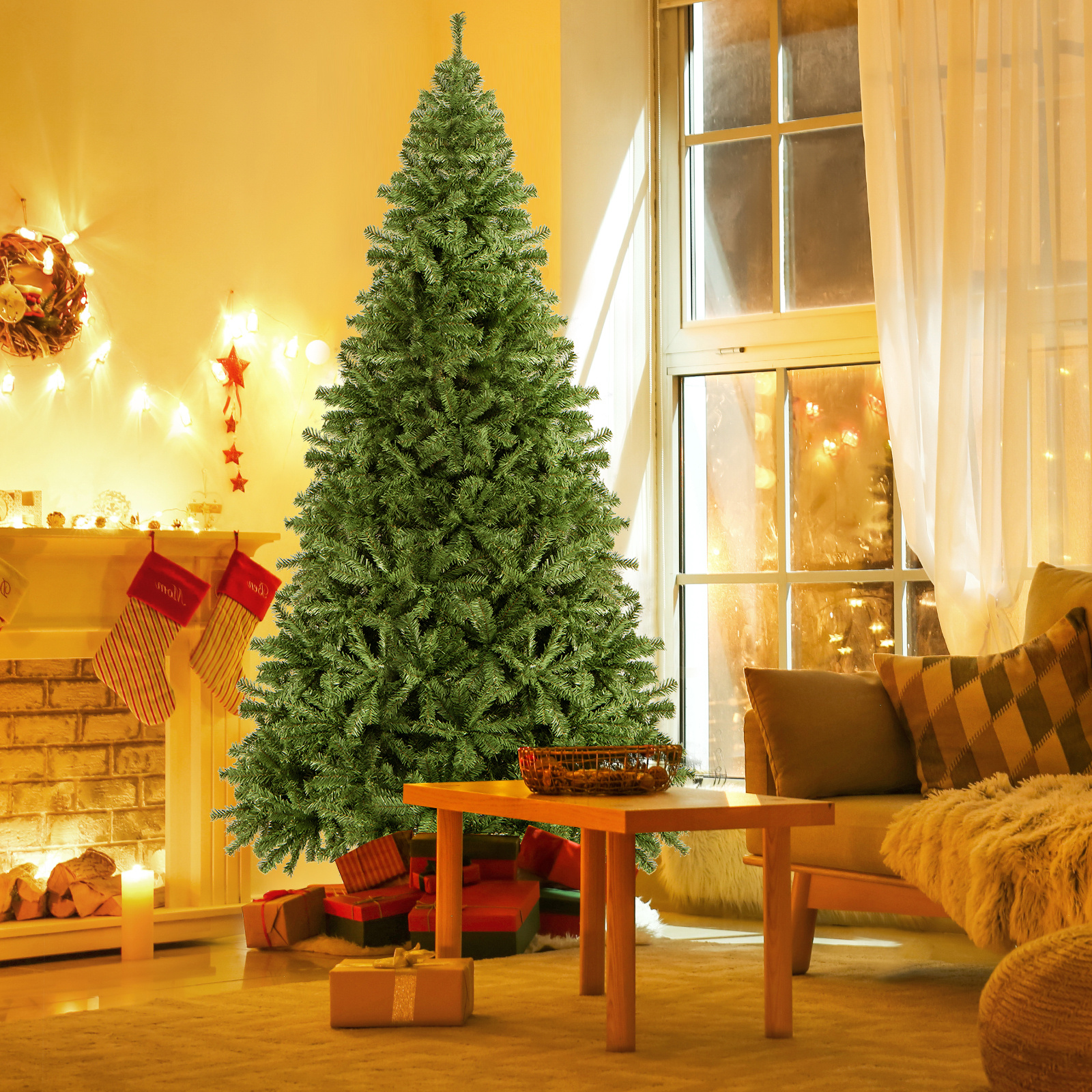 TEMU COSTWAY Sapin de Noël Artificiel en PVC 9 Pieds Premium à Articulations avec Pieds en Métal Solide 2132 Branches